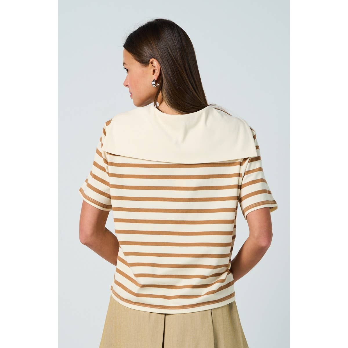 Taupe Sailor Collar Striped Top