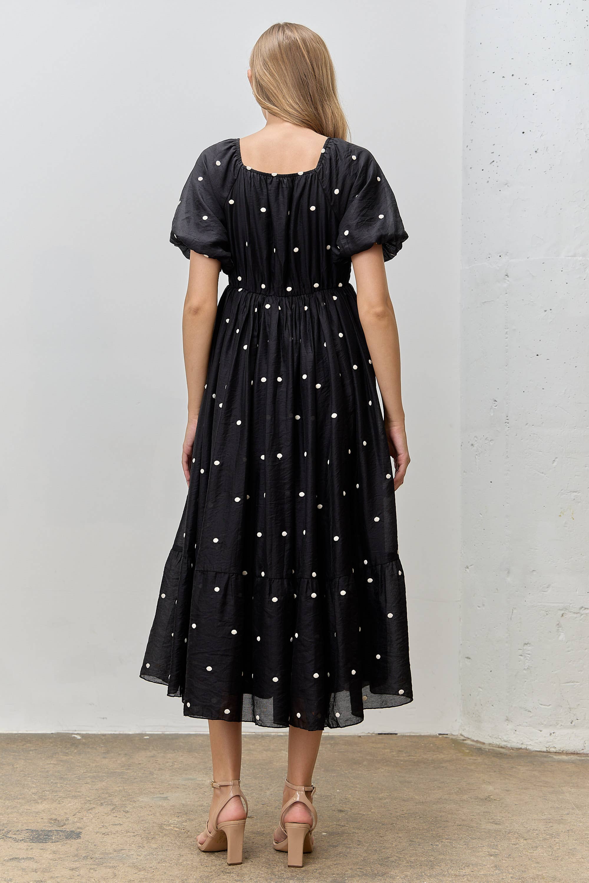 Embroidered Dot Bubble Sleeve Midi Dress