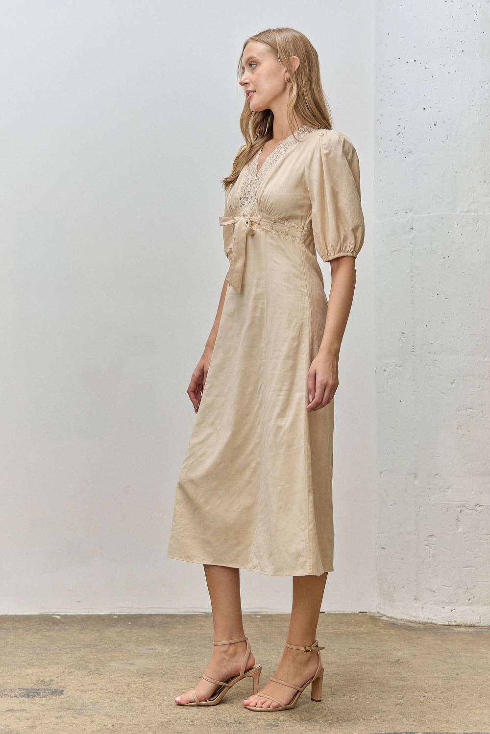 Jacquard Woven Lace Trim Tie Midi Dress Beige