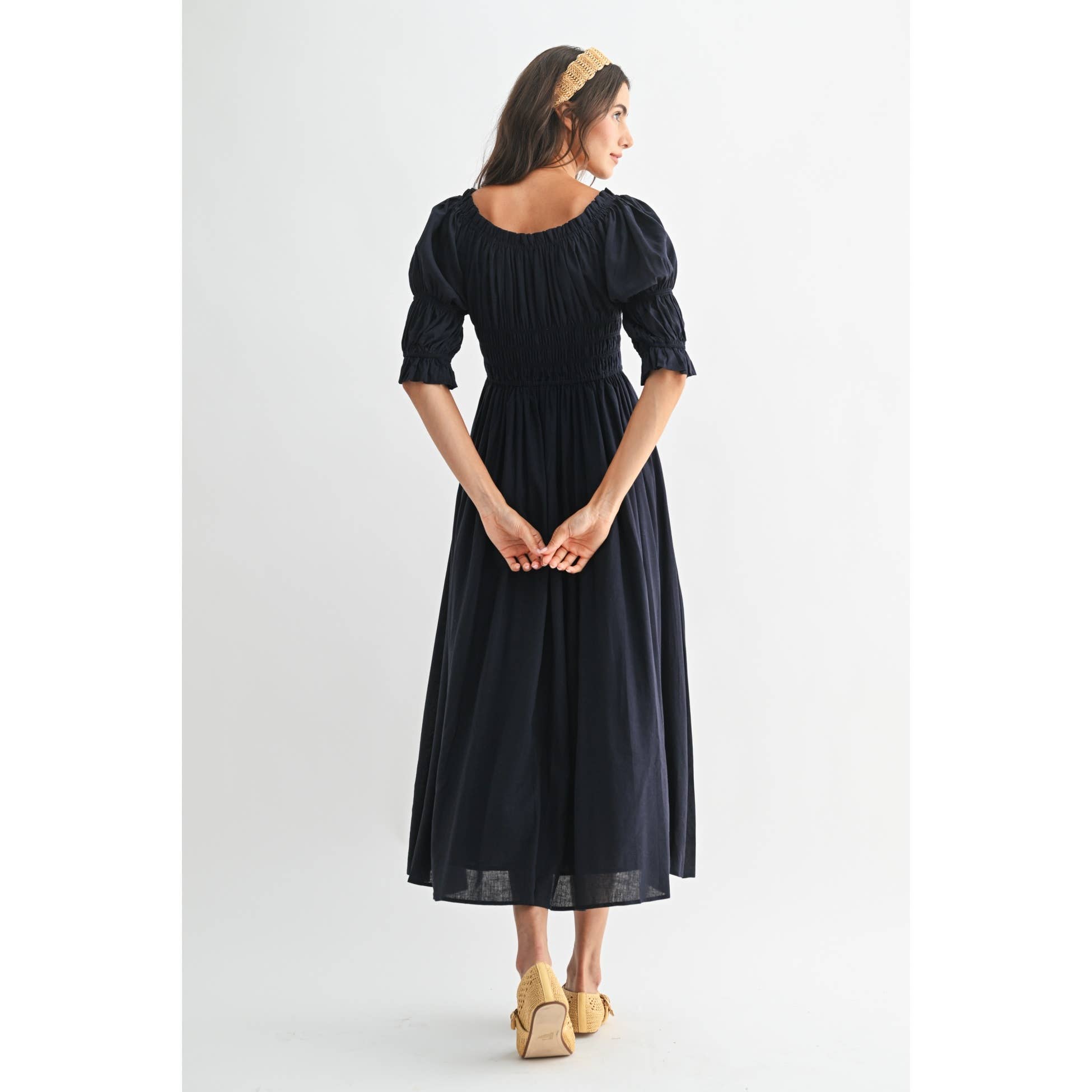 Navy Smocked Midi Dress with Pleated Skirt