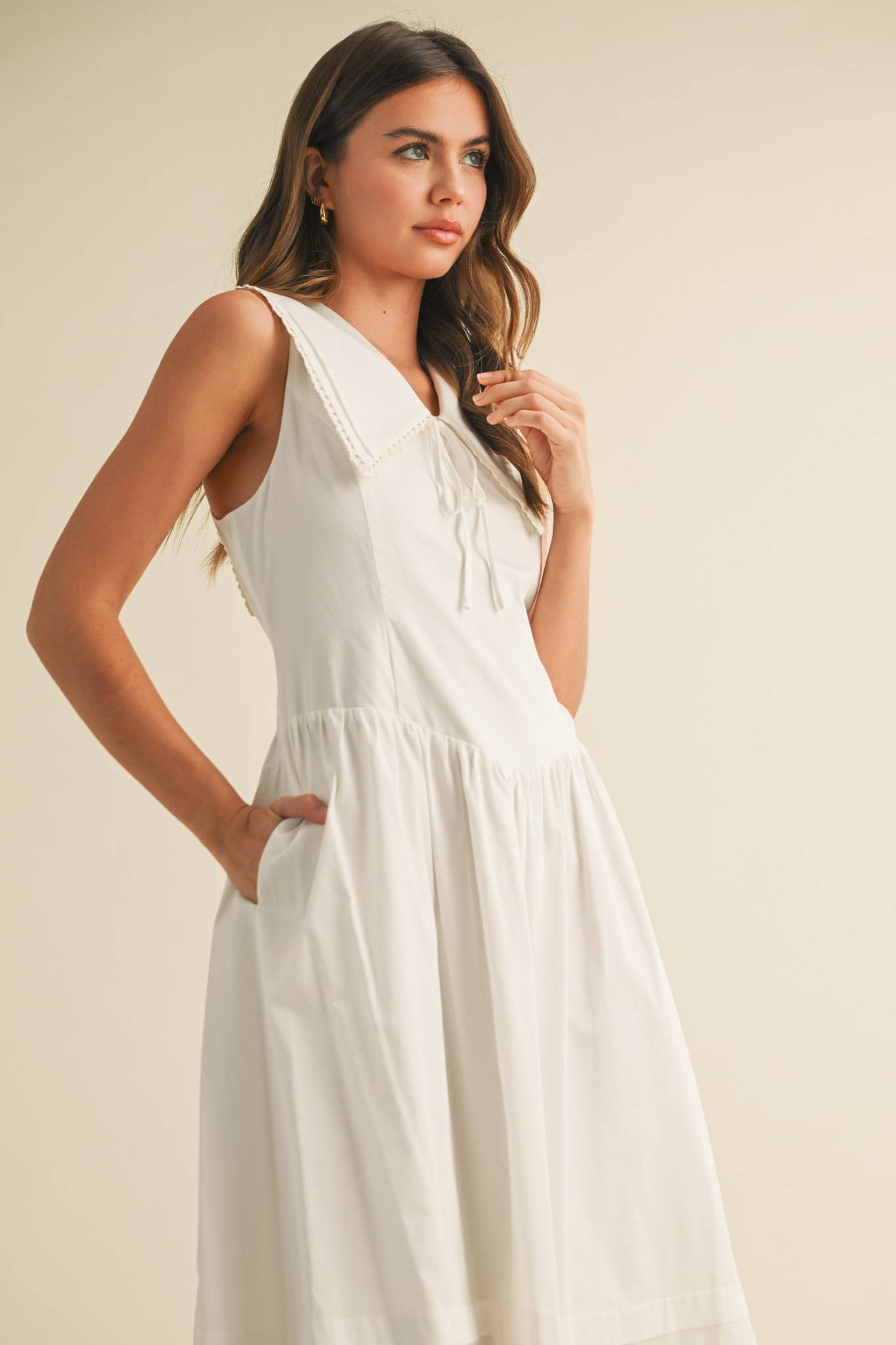 Doll Collar Lace Trim Midi Dress