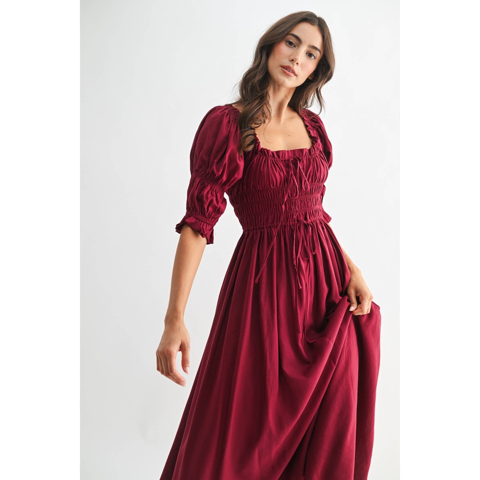 Burgundy Smocked Midi Dress with Pleated Skirt