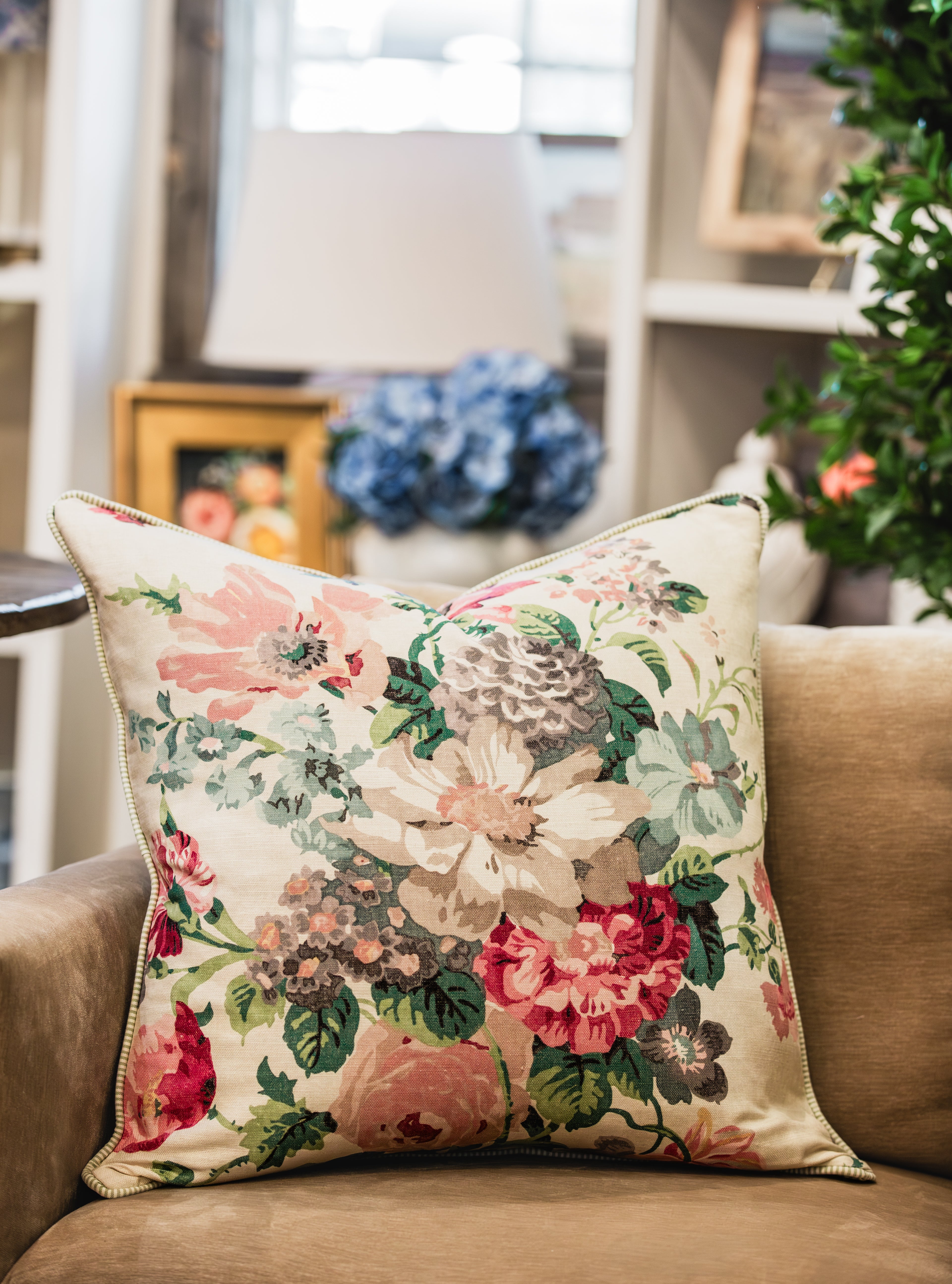 Hathaway Print Berry with Green Stripe Back Pillow - Lee Jofa