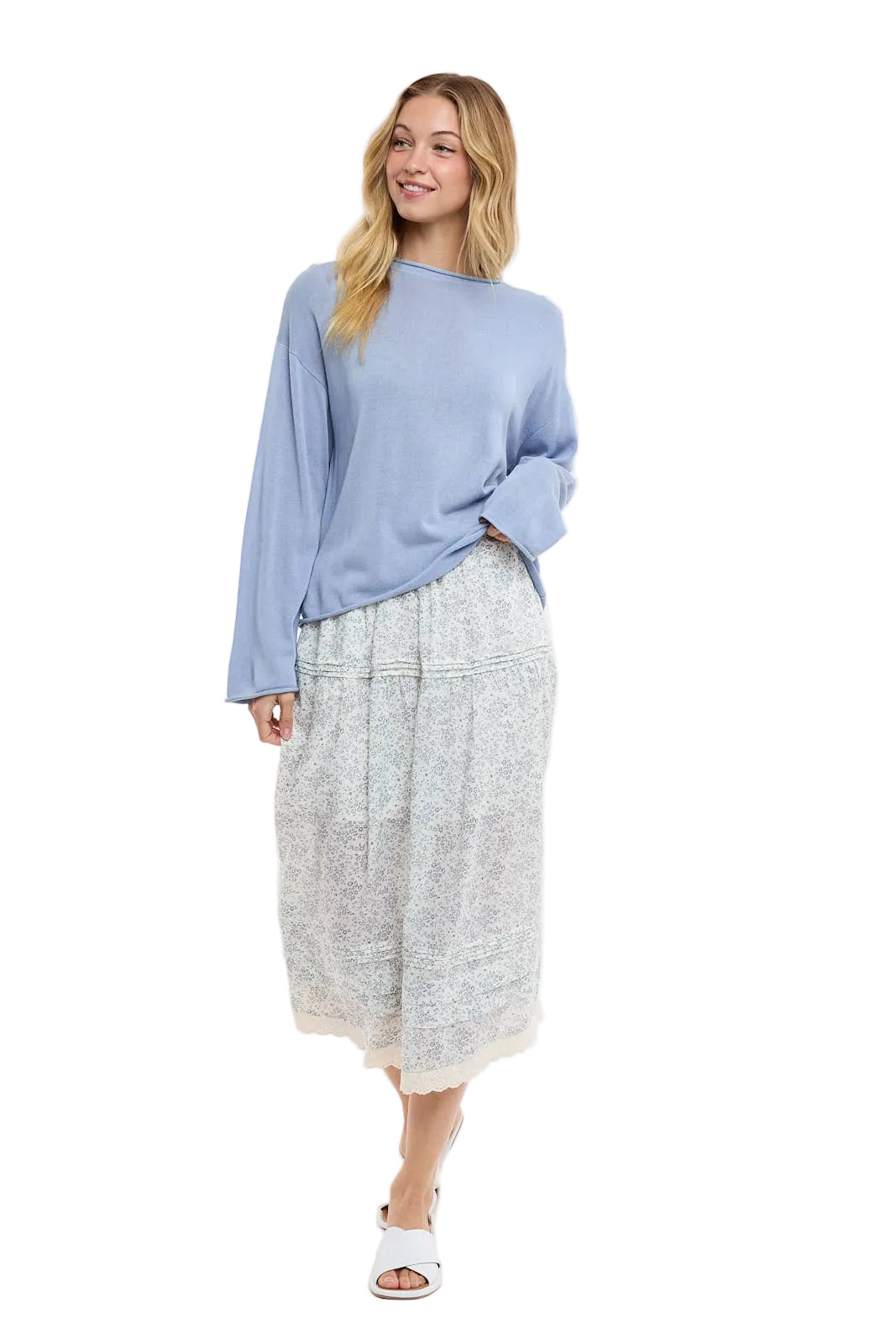 Floral Trim Hem Midi Skirt