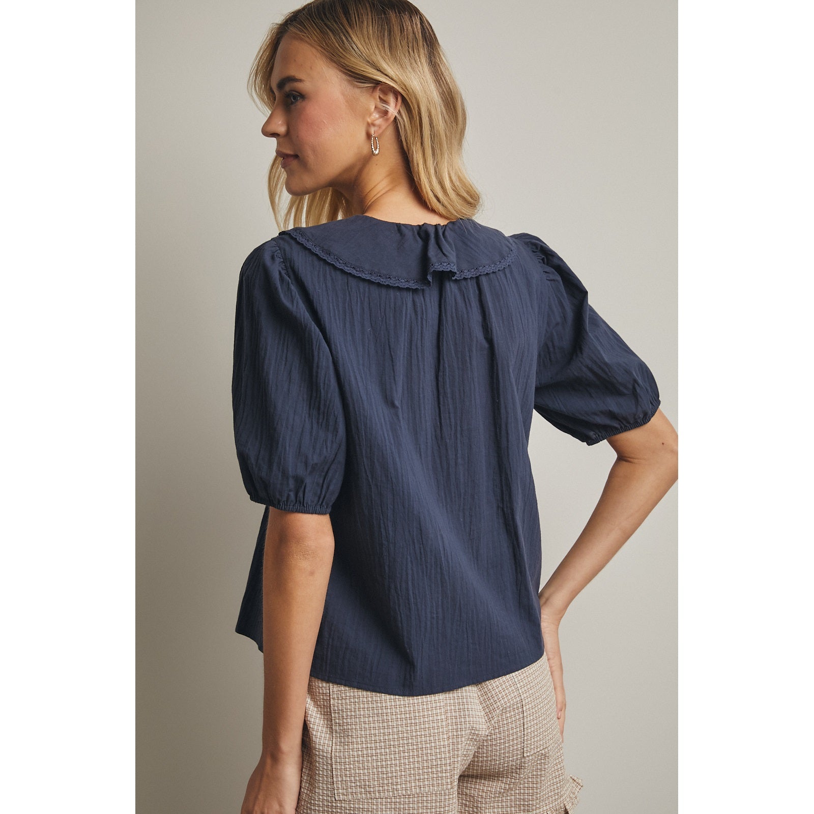 Ruffled Navy Cotton Blouse