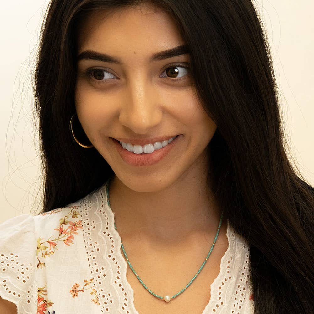 Turquoise Miyuki Bead and Pearl Necklace