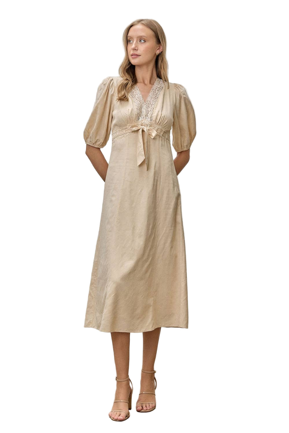 Jacquard Woven Lace Trim Tie Midi Dress Beige