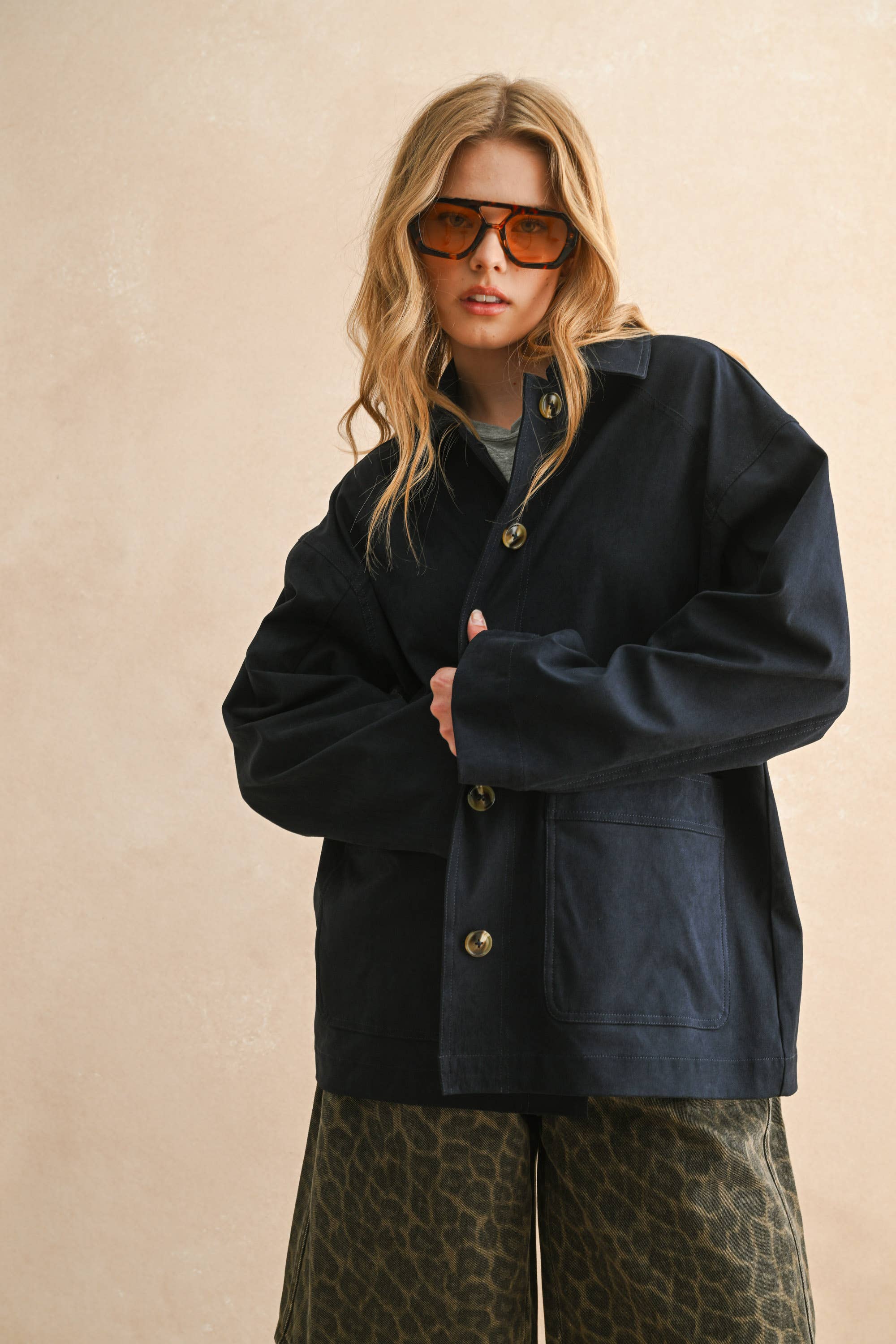 Suede Button Front Jacket Navy