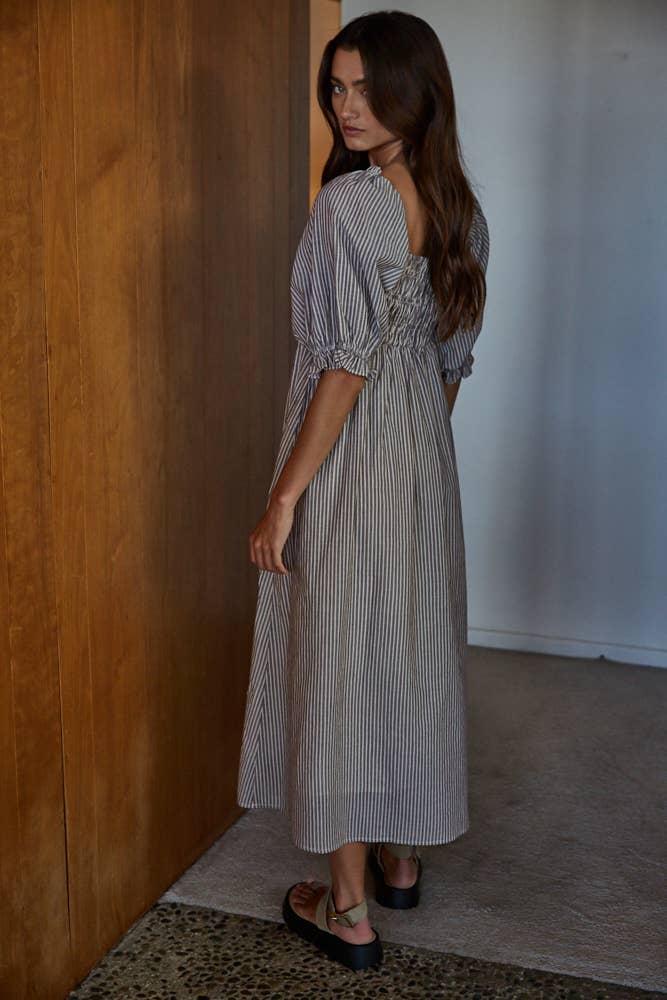 Woven Striped Smocked Midi Dress