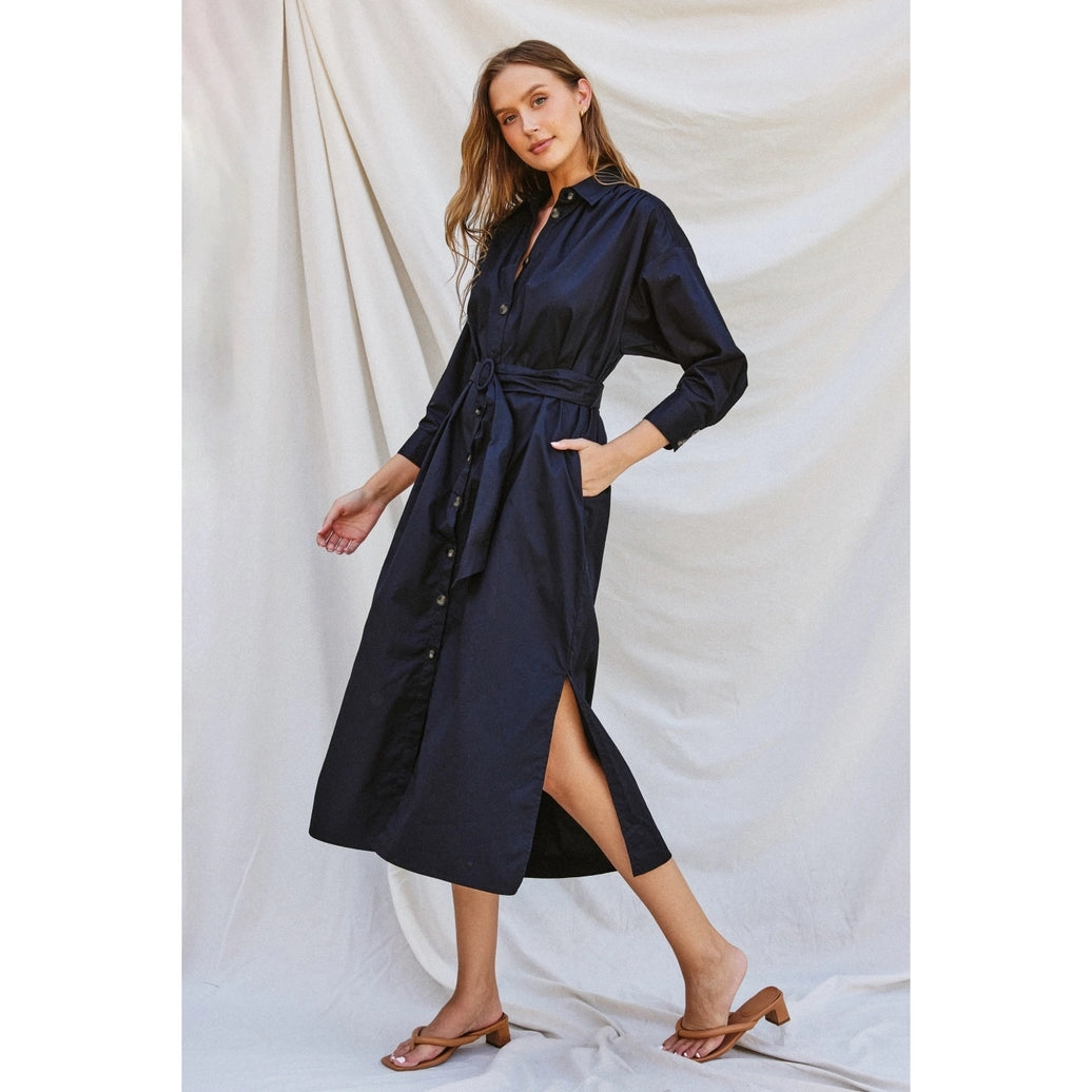 Cotton Poplin Buckled Belt Shirt Dress