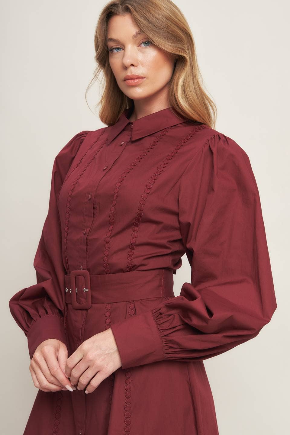 Solid Woven Burgundy Midi Dress