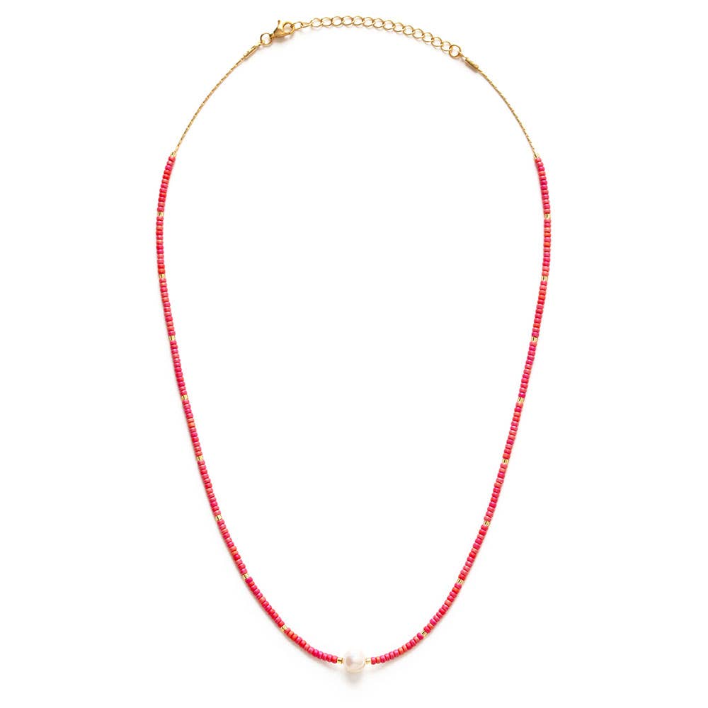 Coral Miyuki Bead and Pearl Necklace