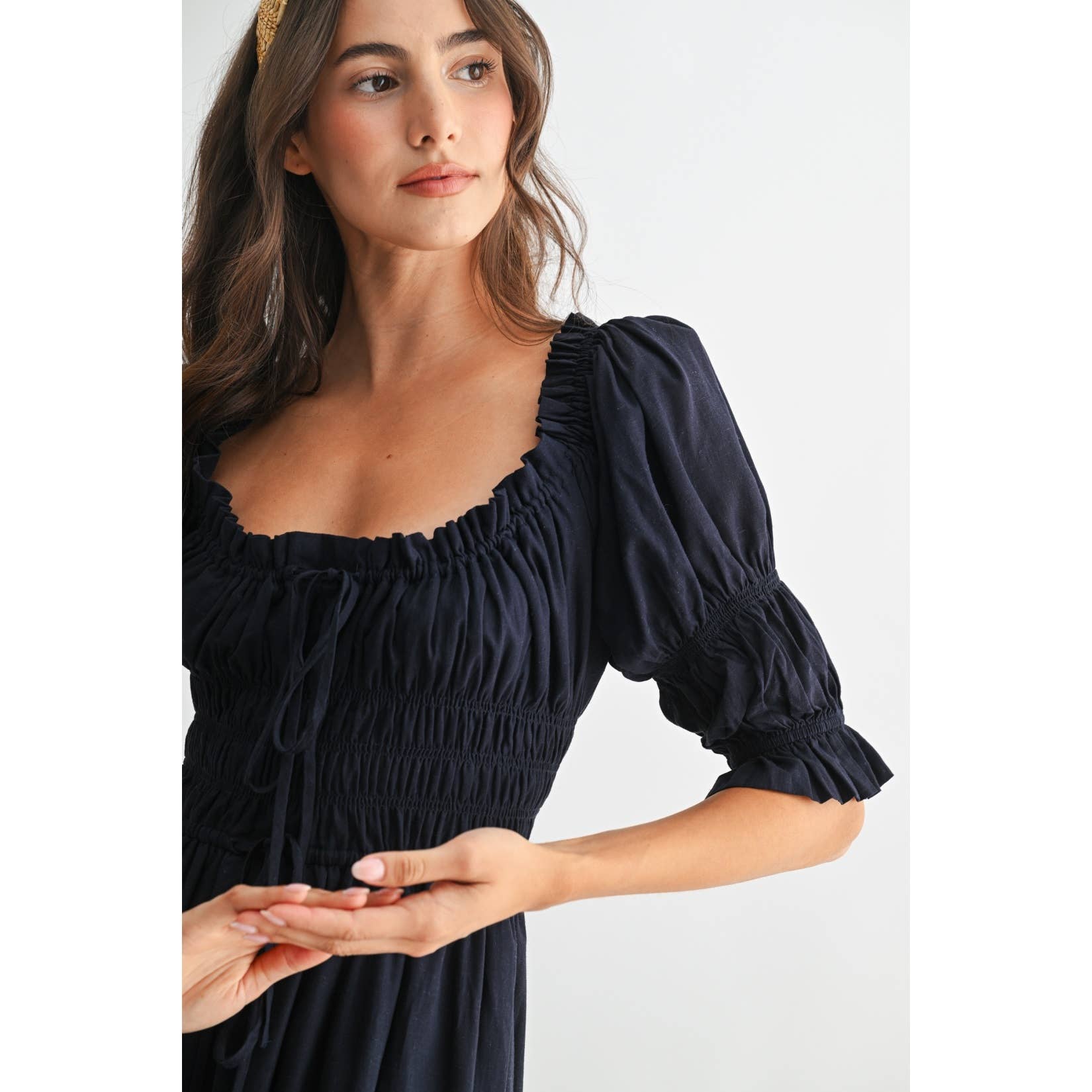 Navy Smocked Midi Dress with Pleated Skirt