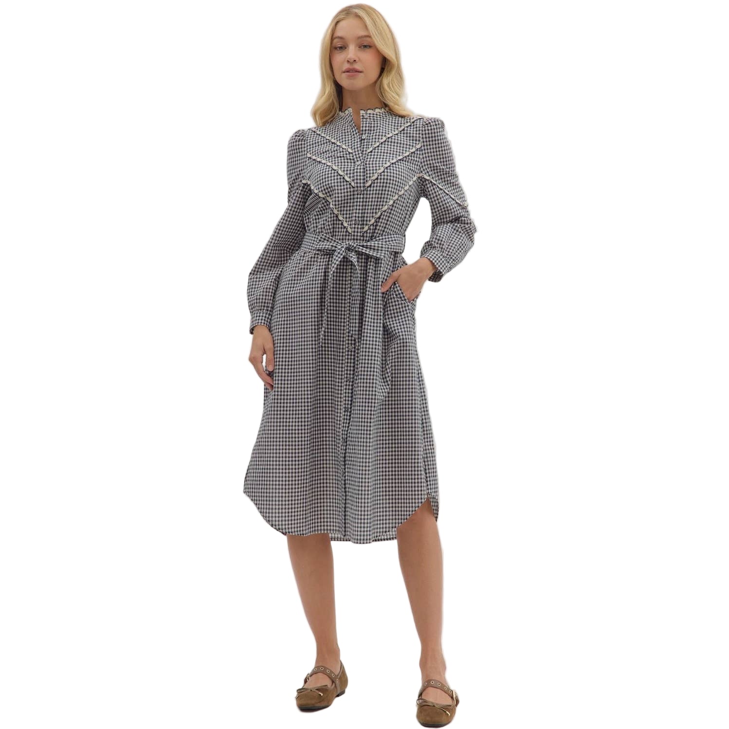 Navy Gingham Long Sleeve Midi Dress