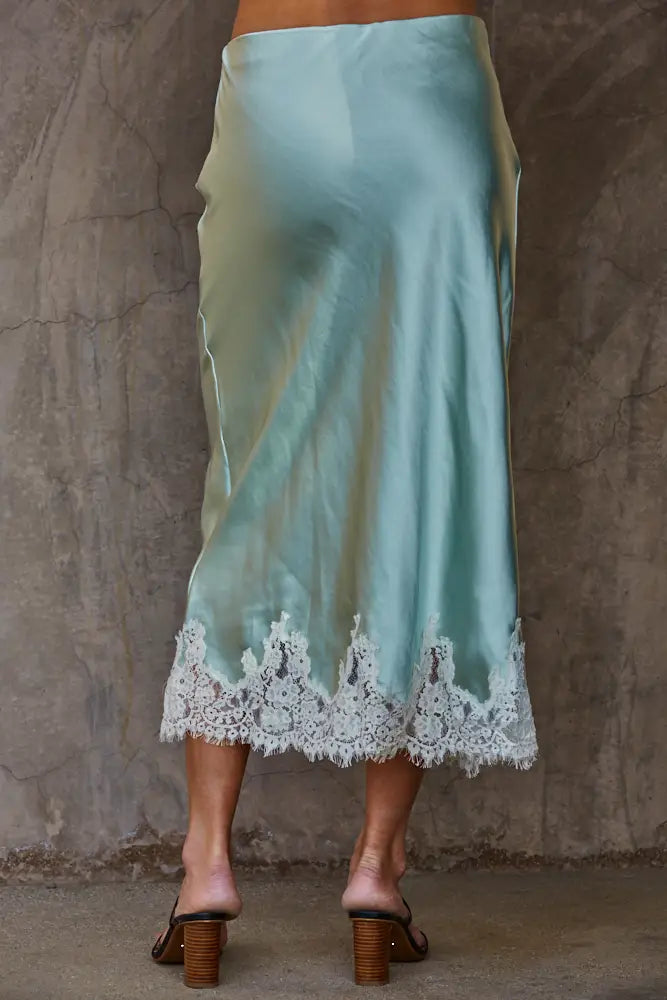 Dusty Mint Satin Lace Hem Skirt