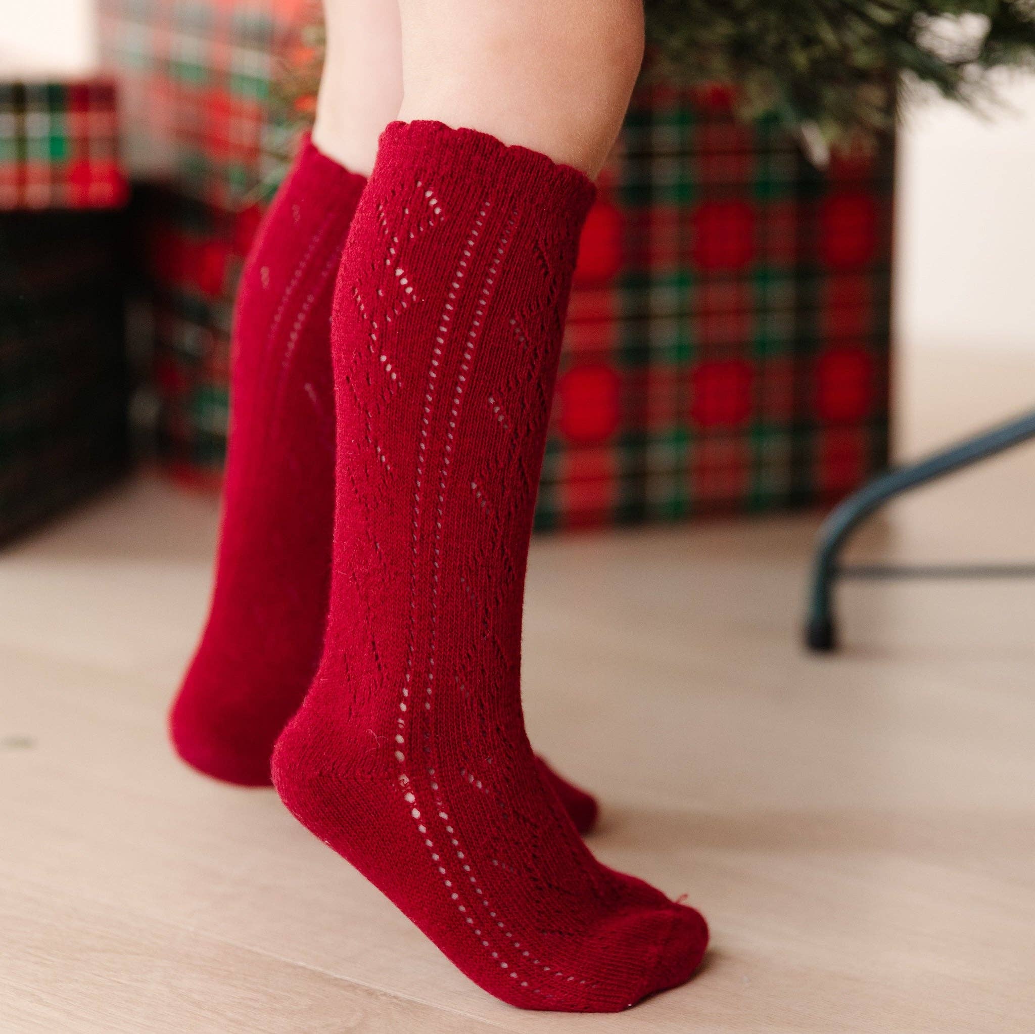 Scalloped Fancy Knee High Socks Crimson