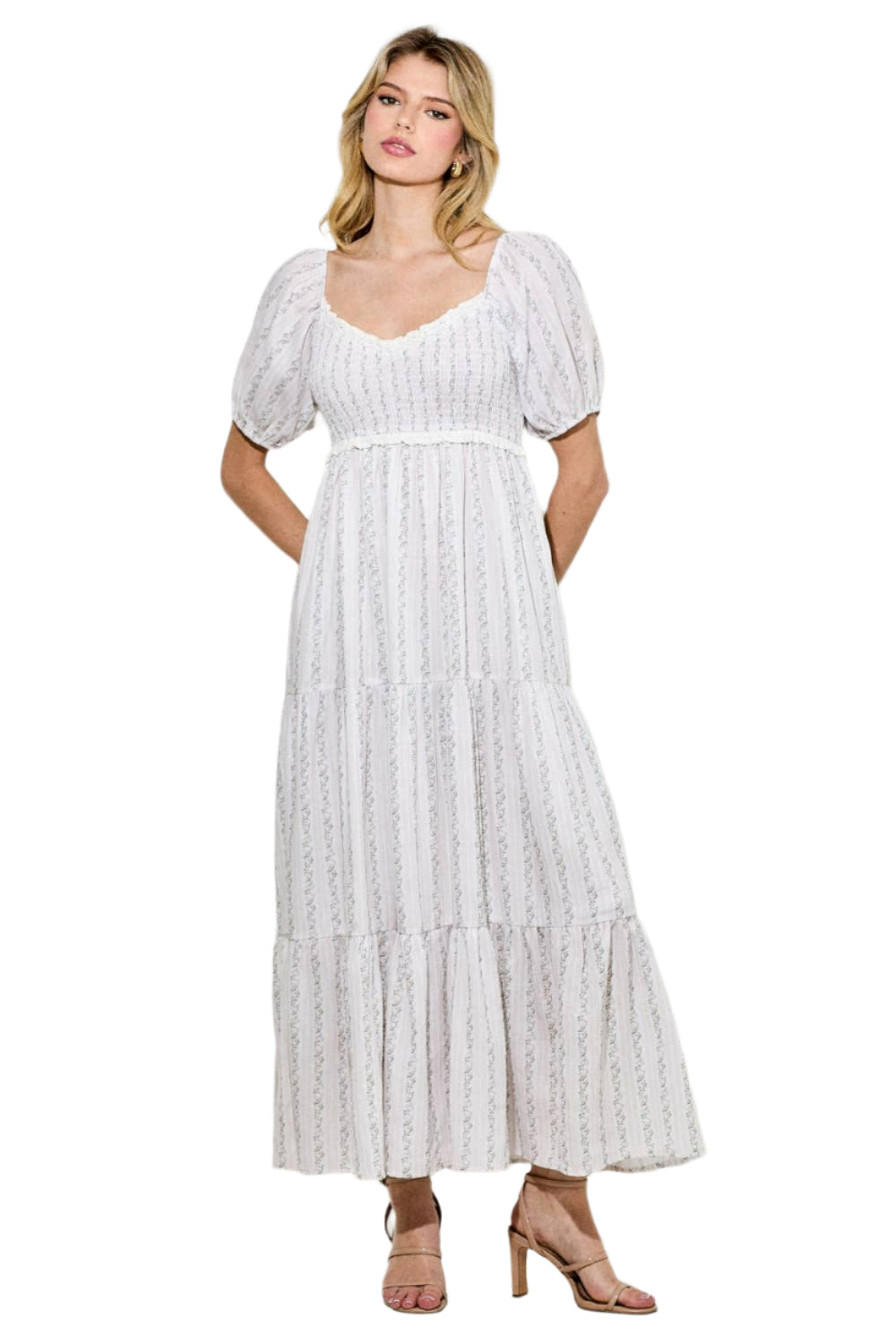 Eyelet Trim Smocked Maxi Dress