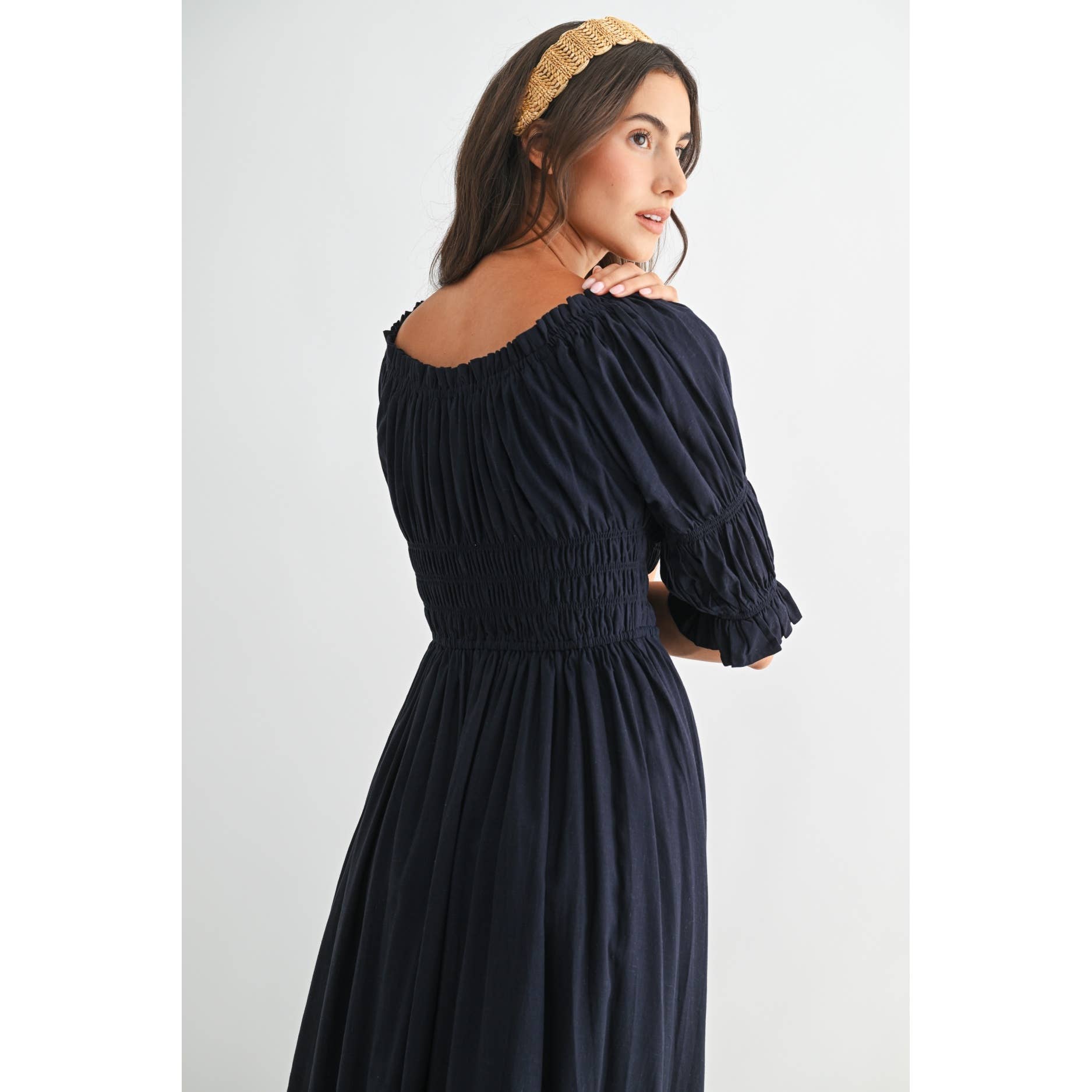 Navy Smocked Midi Dress with Pleated Skirt