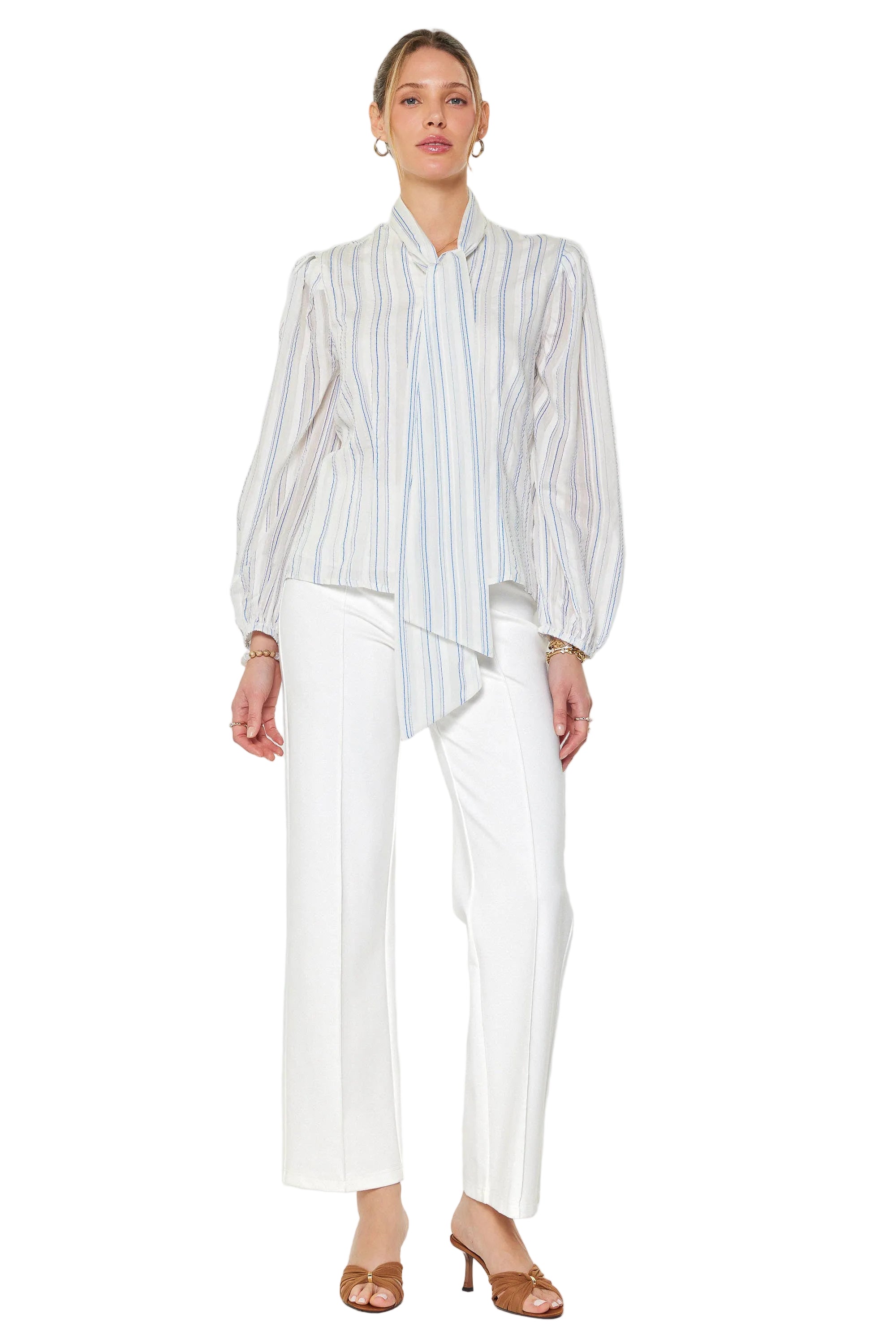 Puffed Long Sleeve Neck Tie Shirt