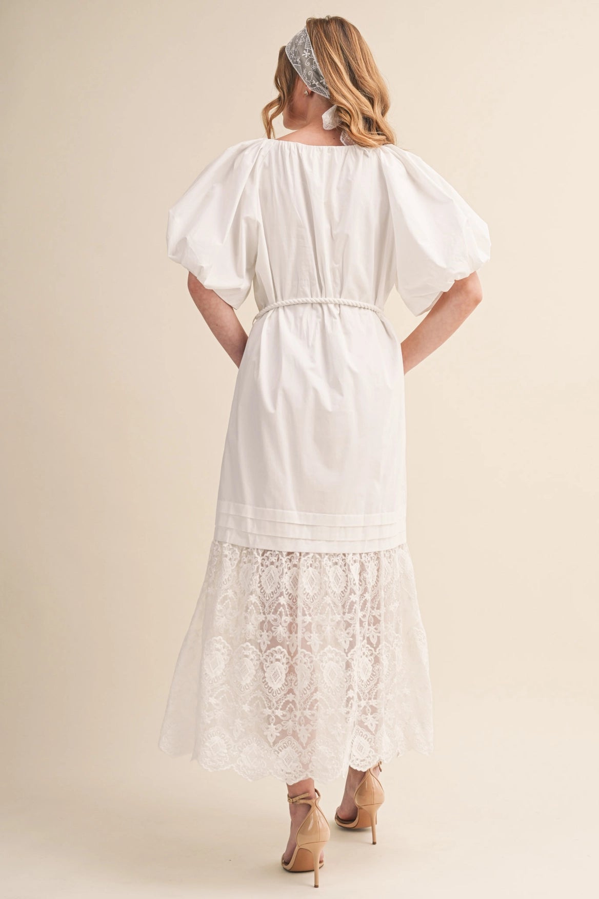 Puff Sleeve Tiered Lace Midi Dress