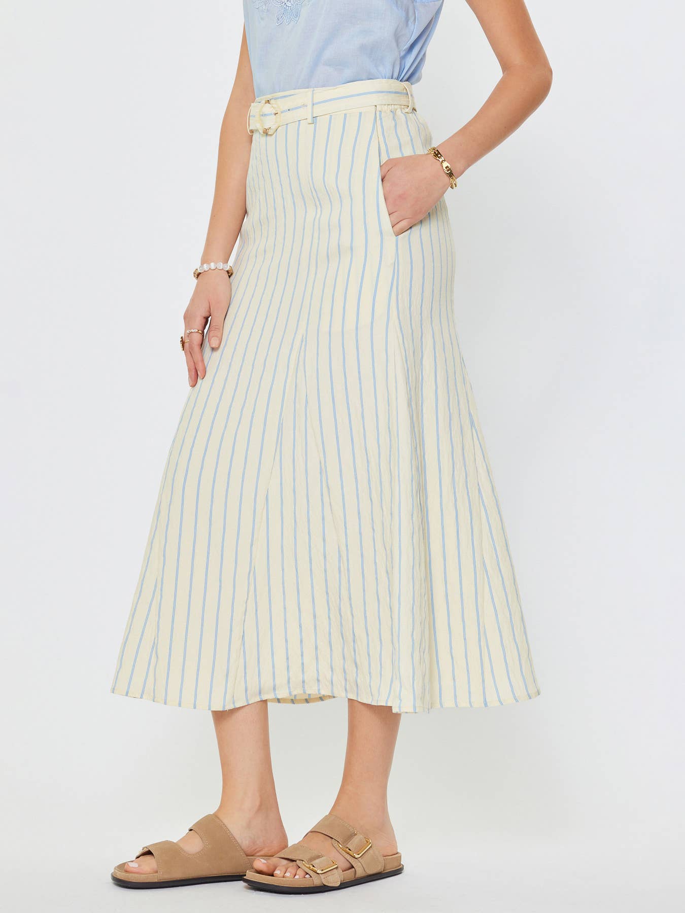 Striped Godet Maxi Skirt with Belt