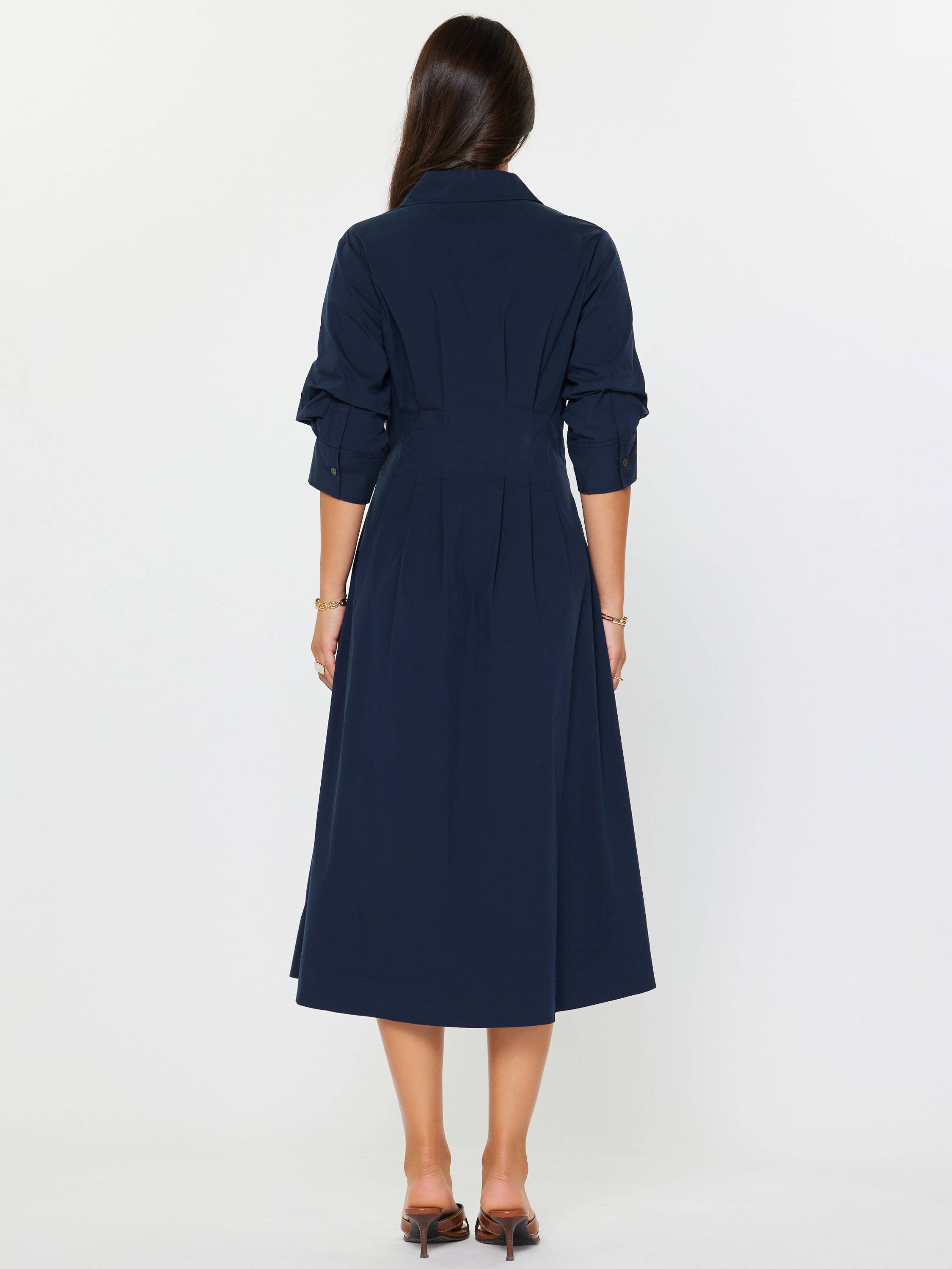 Navy Button Down A-line Midi Dress
