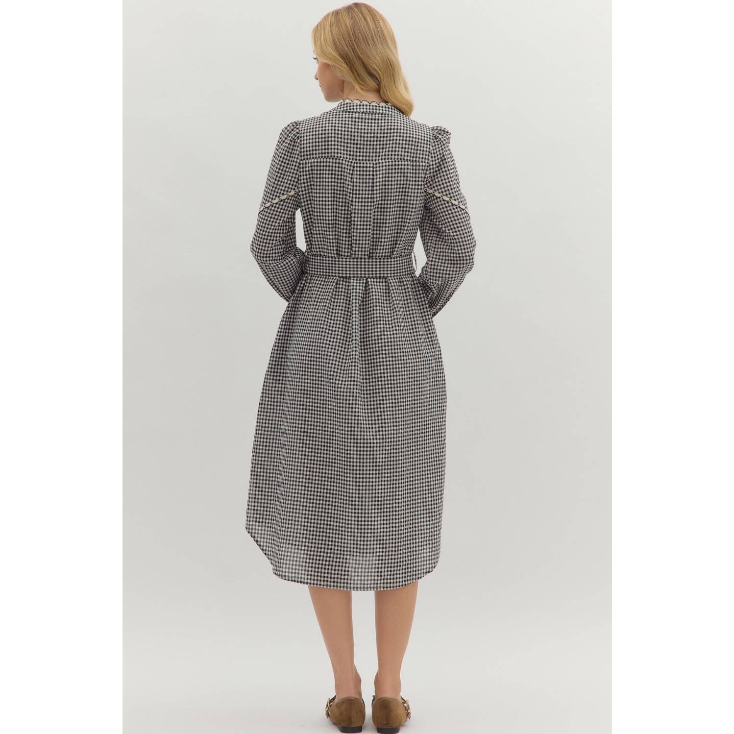 Navy Gingham Long Sleeve Midi Dress