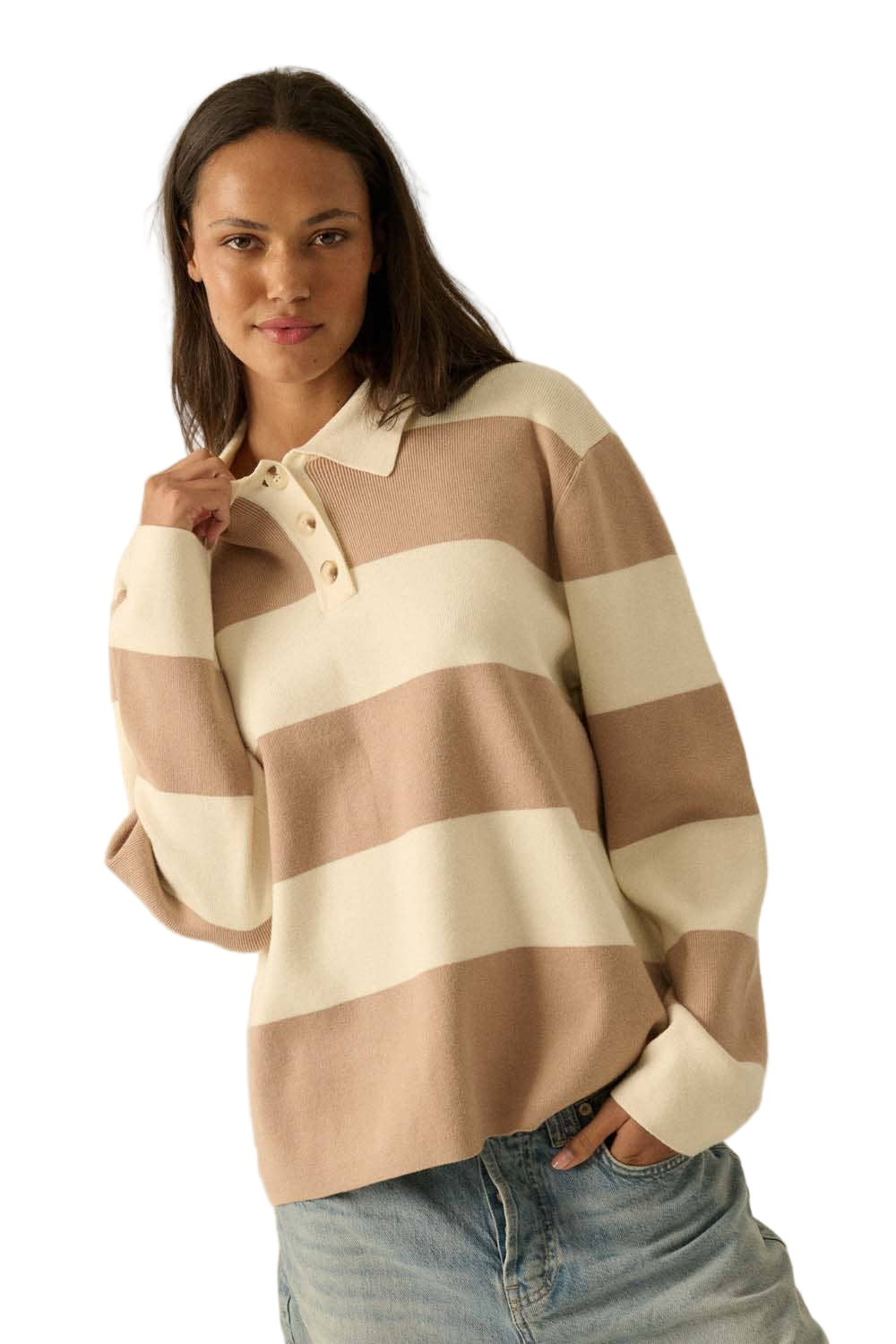 Striped Ribbed Knit Collared Rugby Sweater