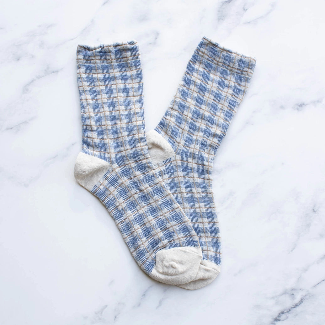 Women's Glitter Checkered Casual Socks, Oatmeal/Navy