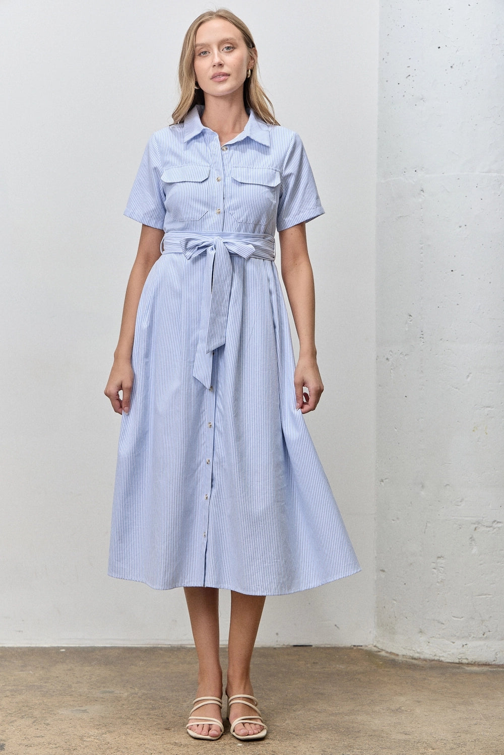 Striped Button Up Collar Shirt Dress