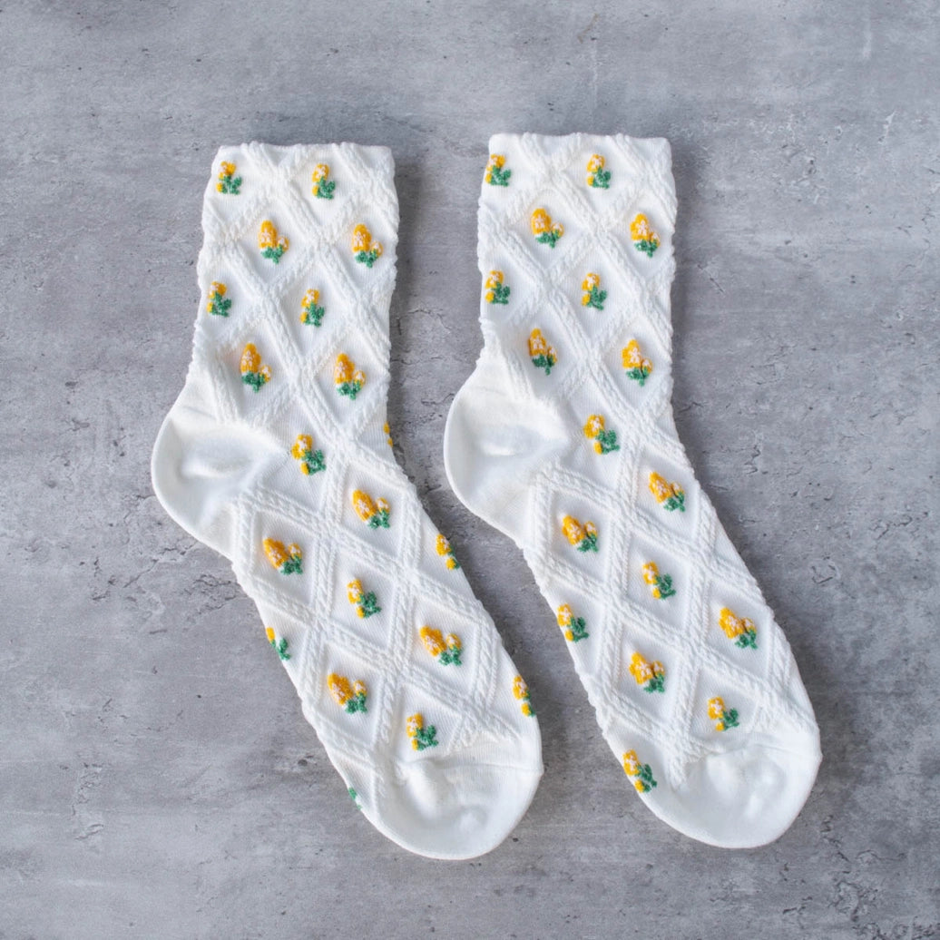 Floral Casual Socks Ivory/Yellow