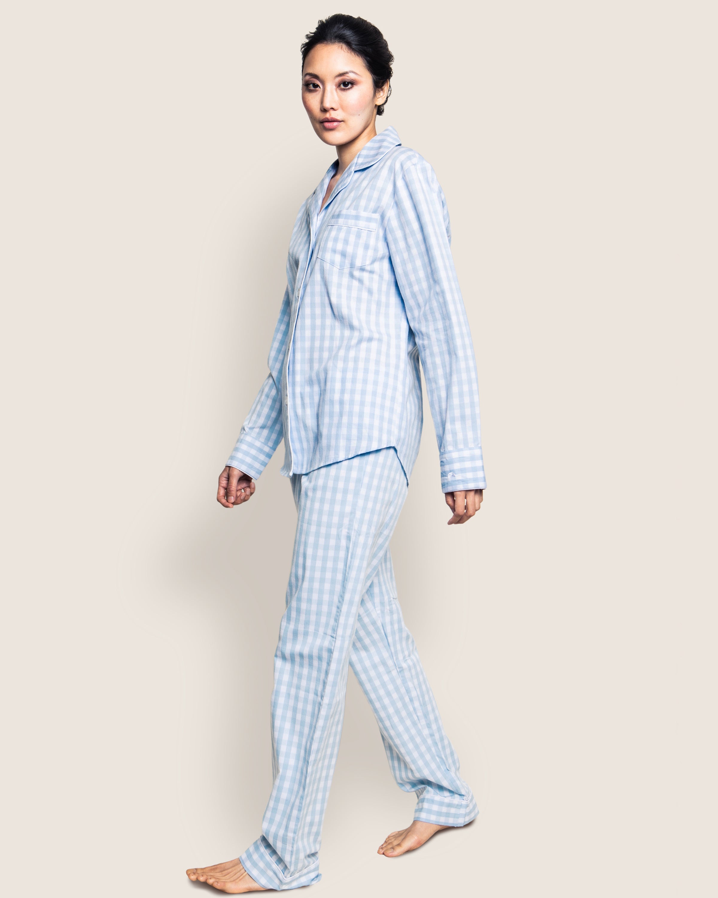 Women's Twill Pajama Set in Light Blue Gingham