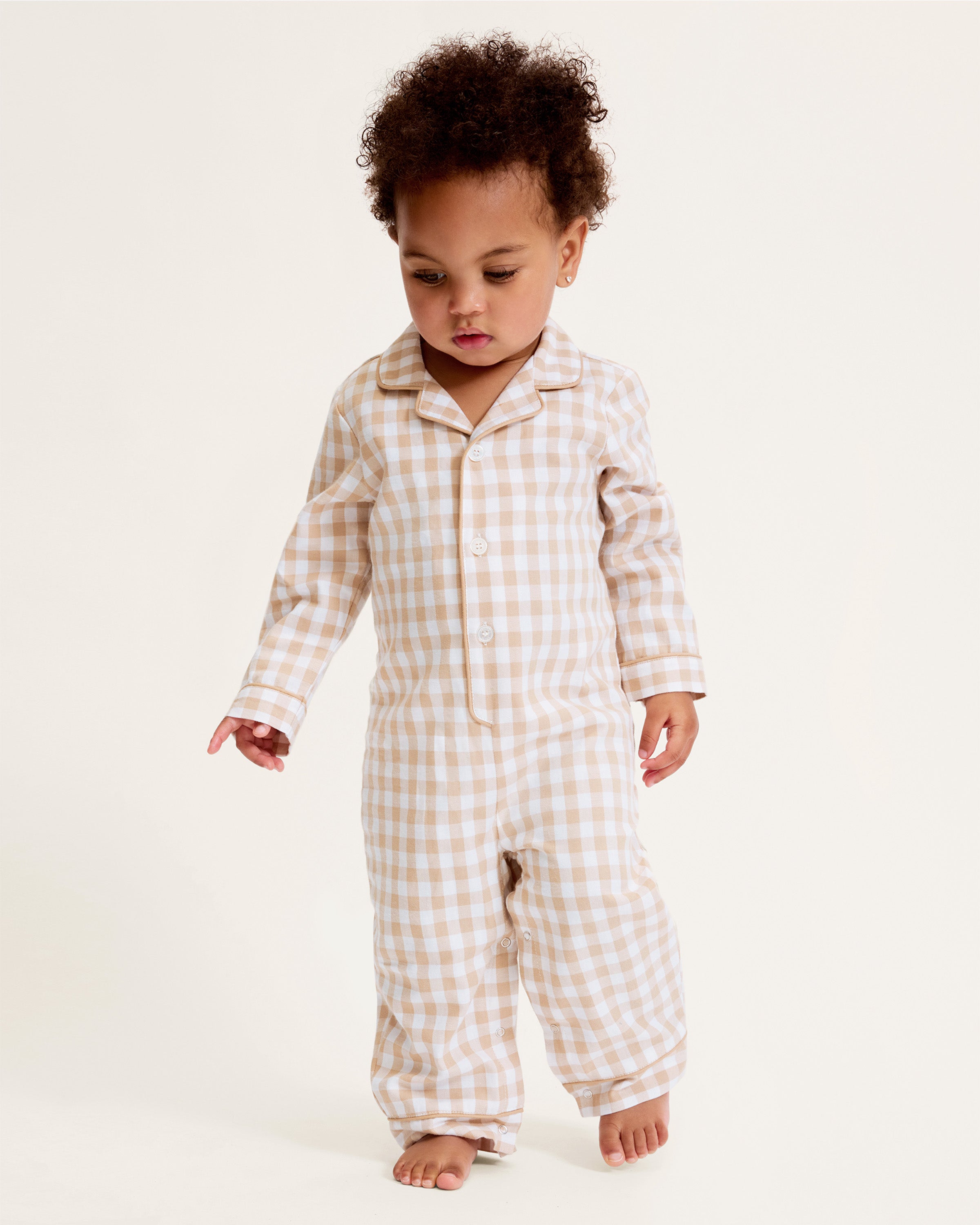 Baby's Twill Classic Romper in Camel Gingham
