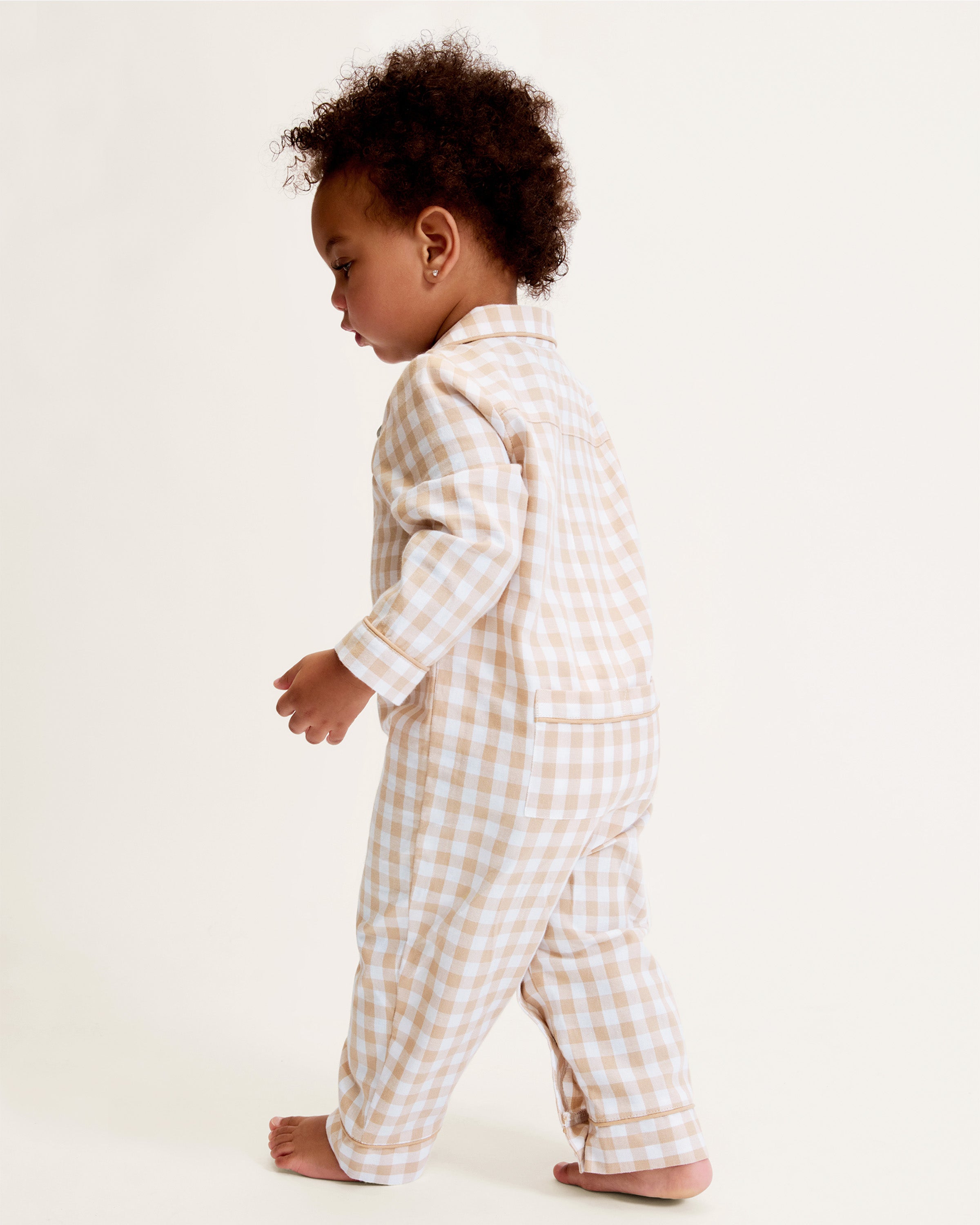 Baby's Twill Classic Romper in Camel Gingham