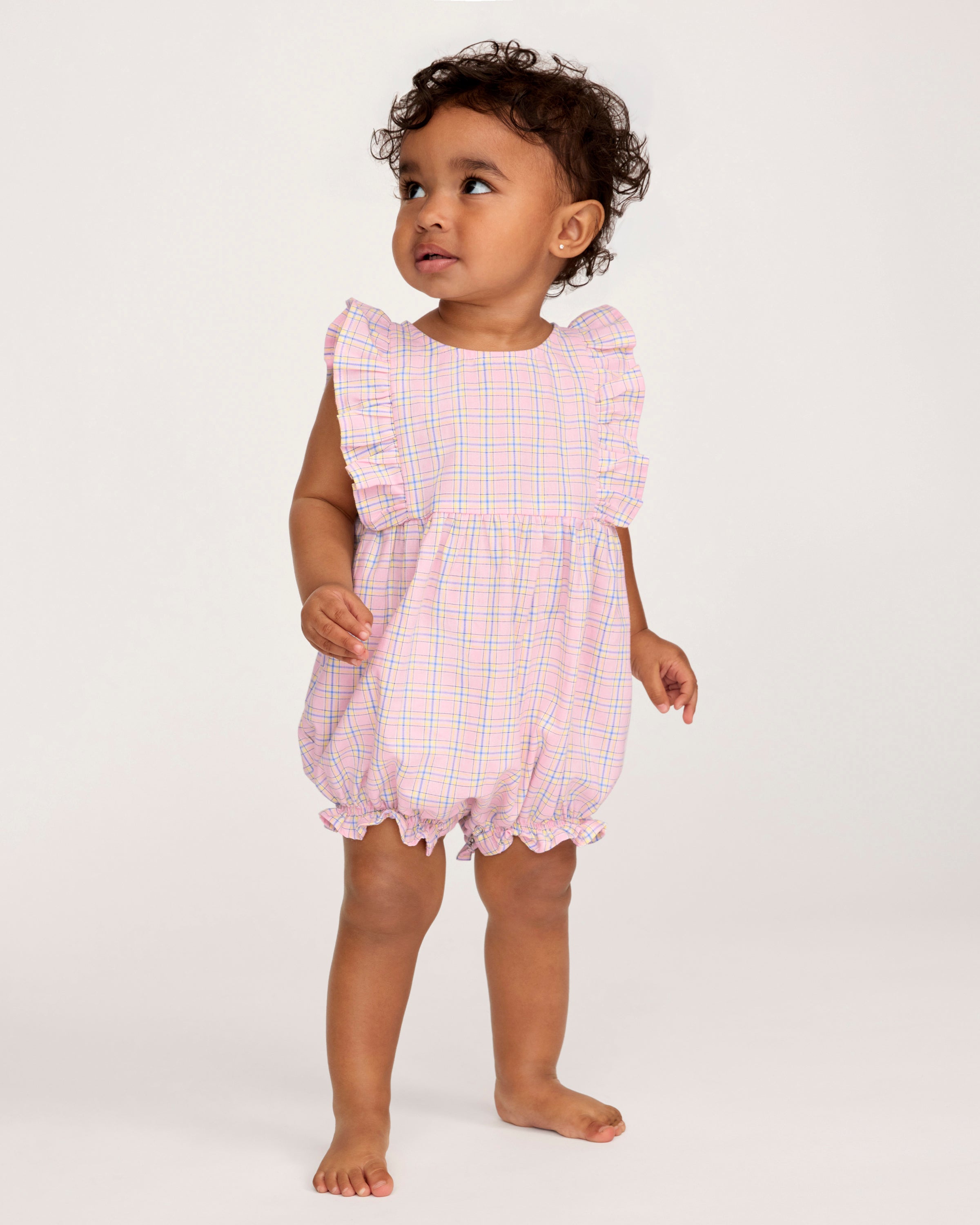 Baby's Twill Ruffled Romper in Peony Plaid