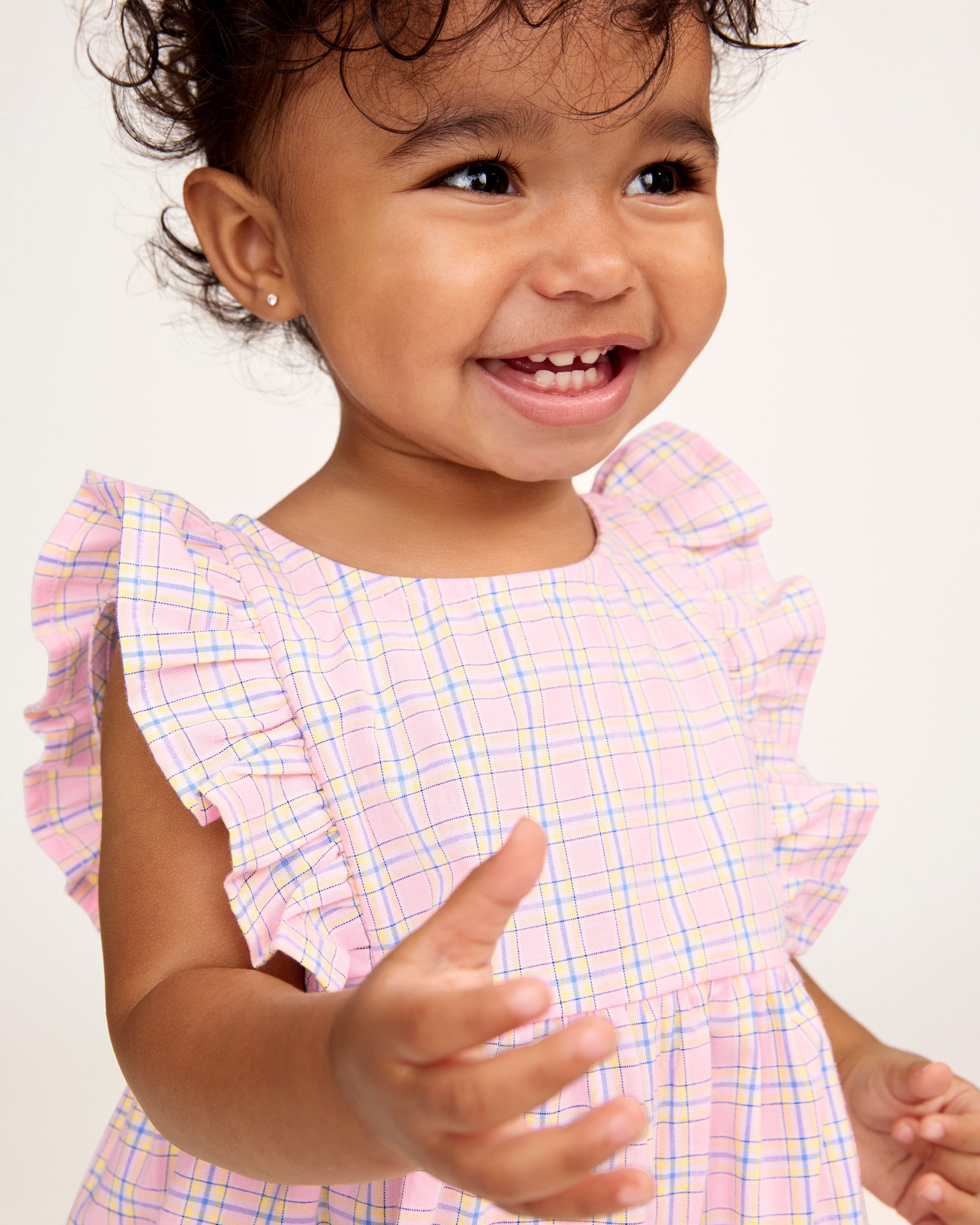 Baby's Twill Ruffled Romper in Peony Plaid