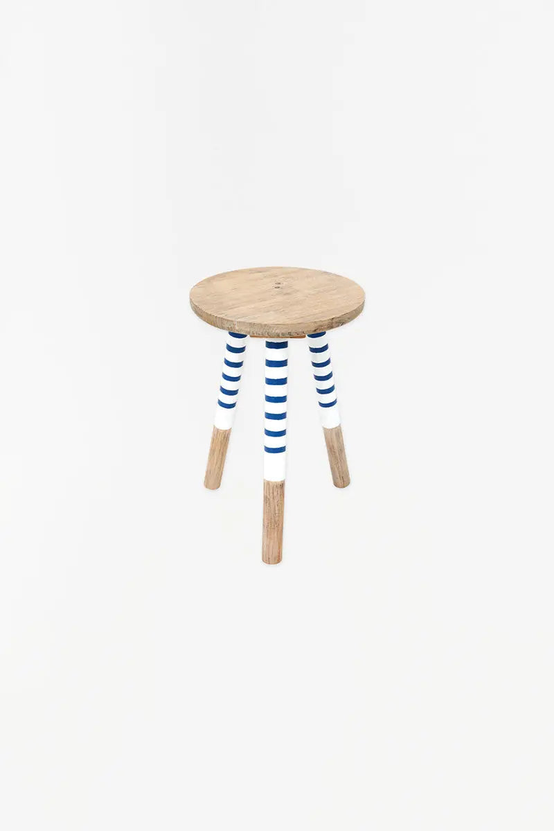 Striped Stool, Wood, Blue/White/Natural