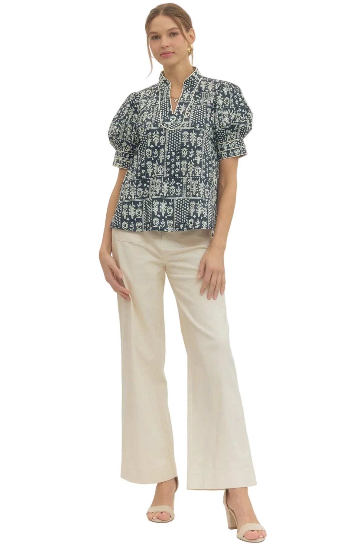 Gathered Puff Sleeve Navy Floral Print Top