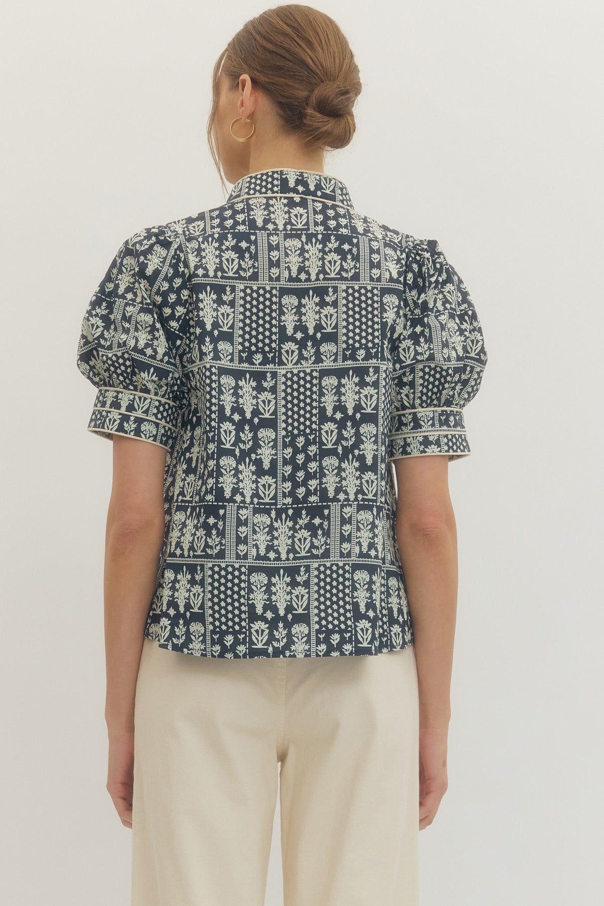 Gathered Puff Sleeve Navy Floral Print Top