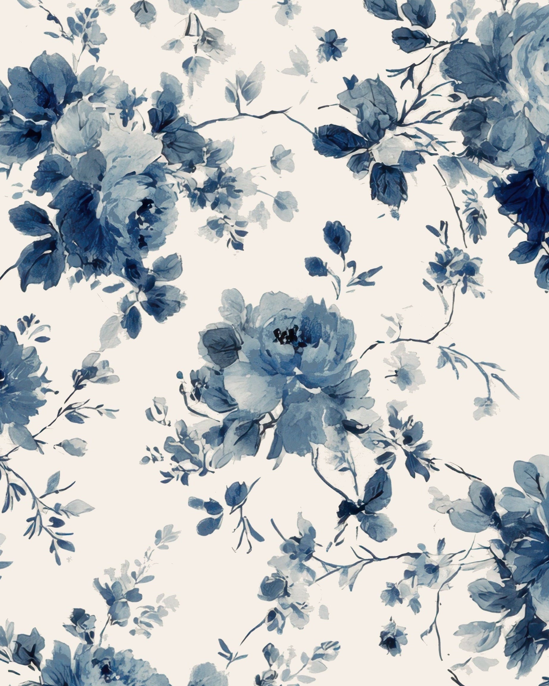 A repeating blue floral textile patterned leatherette mahjong mat  featuring watercolor-style blue flowers and leaves on a warm off-white background.