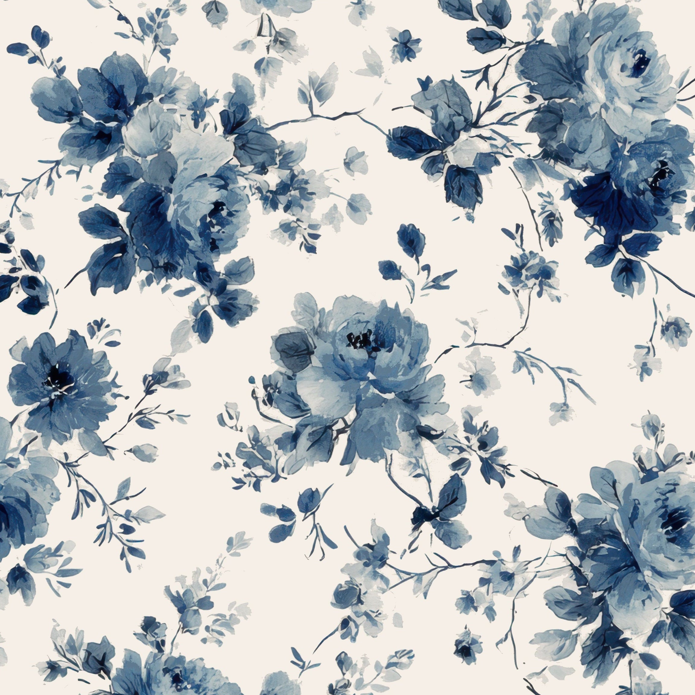A repeating blue floral textile patterned leatherette mahjong mat  featuring watercolor-style blue flowers and leaves on a warm off-white background.