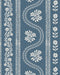 A serpentine textile-style pattern with vertical bands of white floral and decorative motifs on a muted french blue background.
