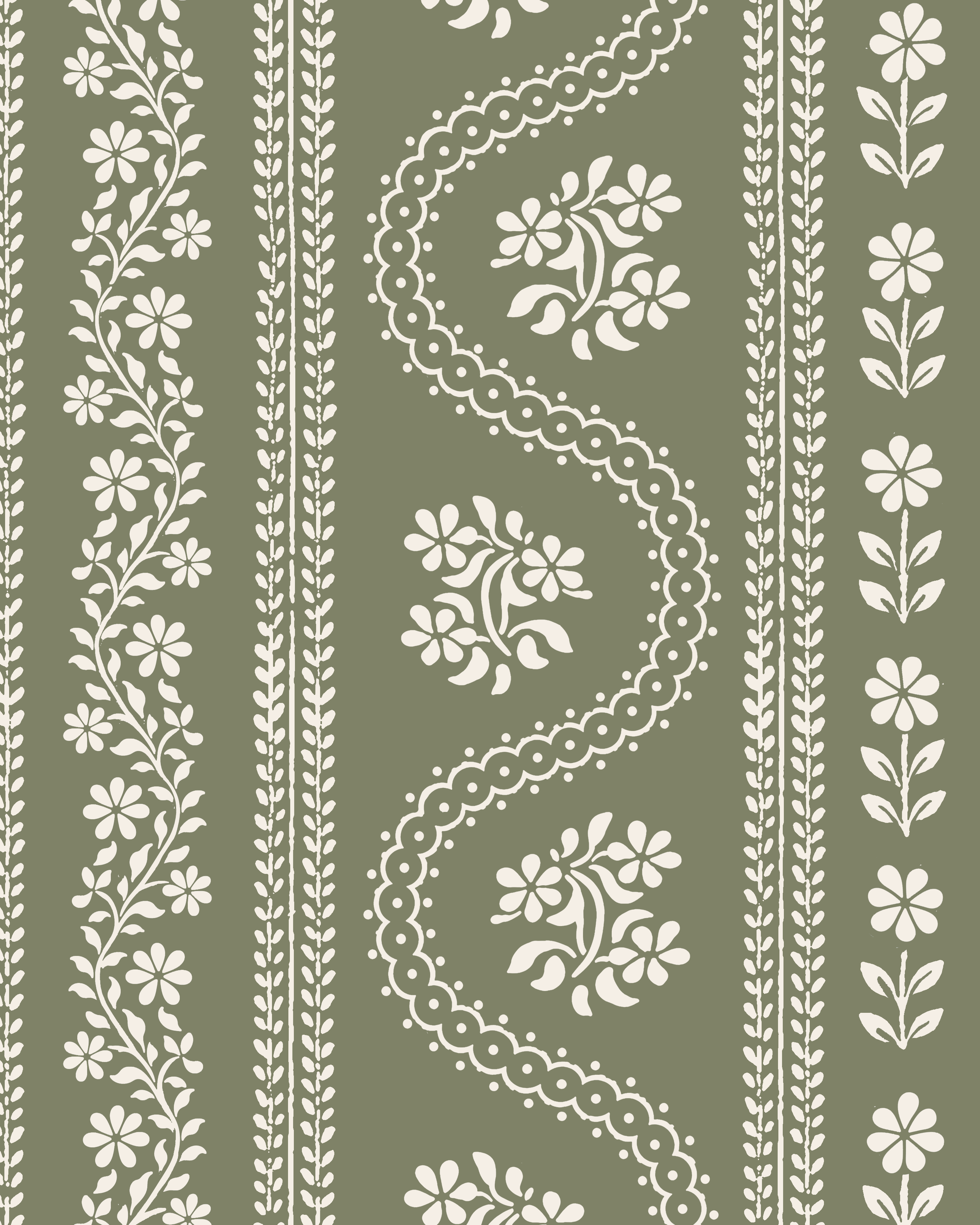 A floral serpentine green textile pattern leatherette mahjong mat with vertical bands and white floral motifs, leafy vines, and decorative borders on an olive green background.