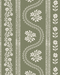 A floral serpentine green textile pattern leatherette mahjong mat with vertical bands and white floral motifs, leafy vines, and decorative borders on an olive green background.