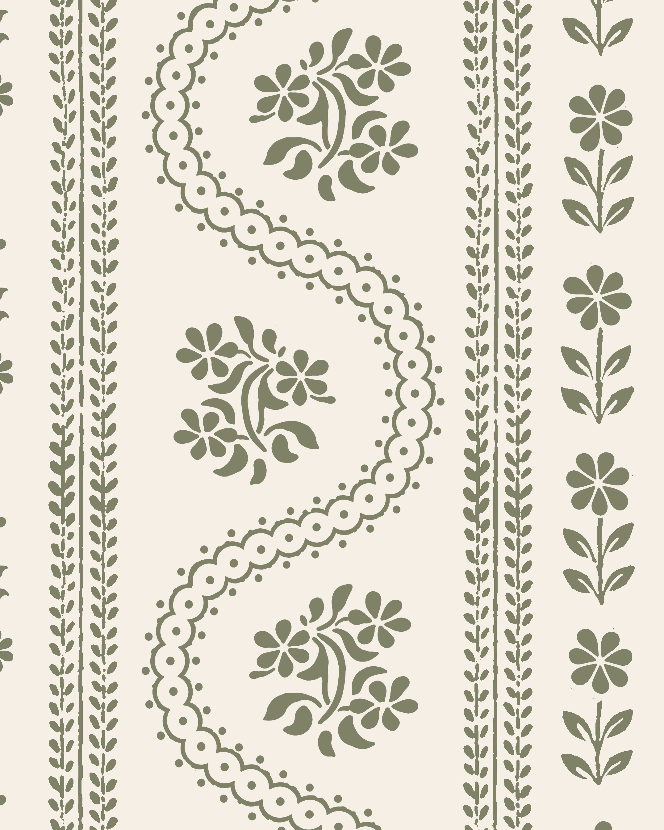 A repeating serpentine-style floral patterned leatherette mahjong mat in muted sage green on a warm off-white background, featuring vertical bands with leafy stems, scalloped oval outlines, and small floral motifs.