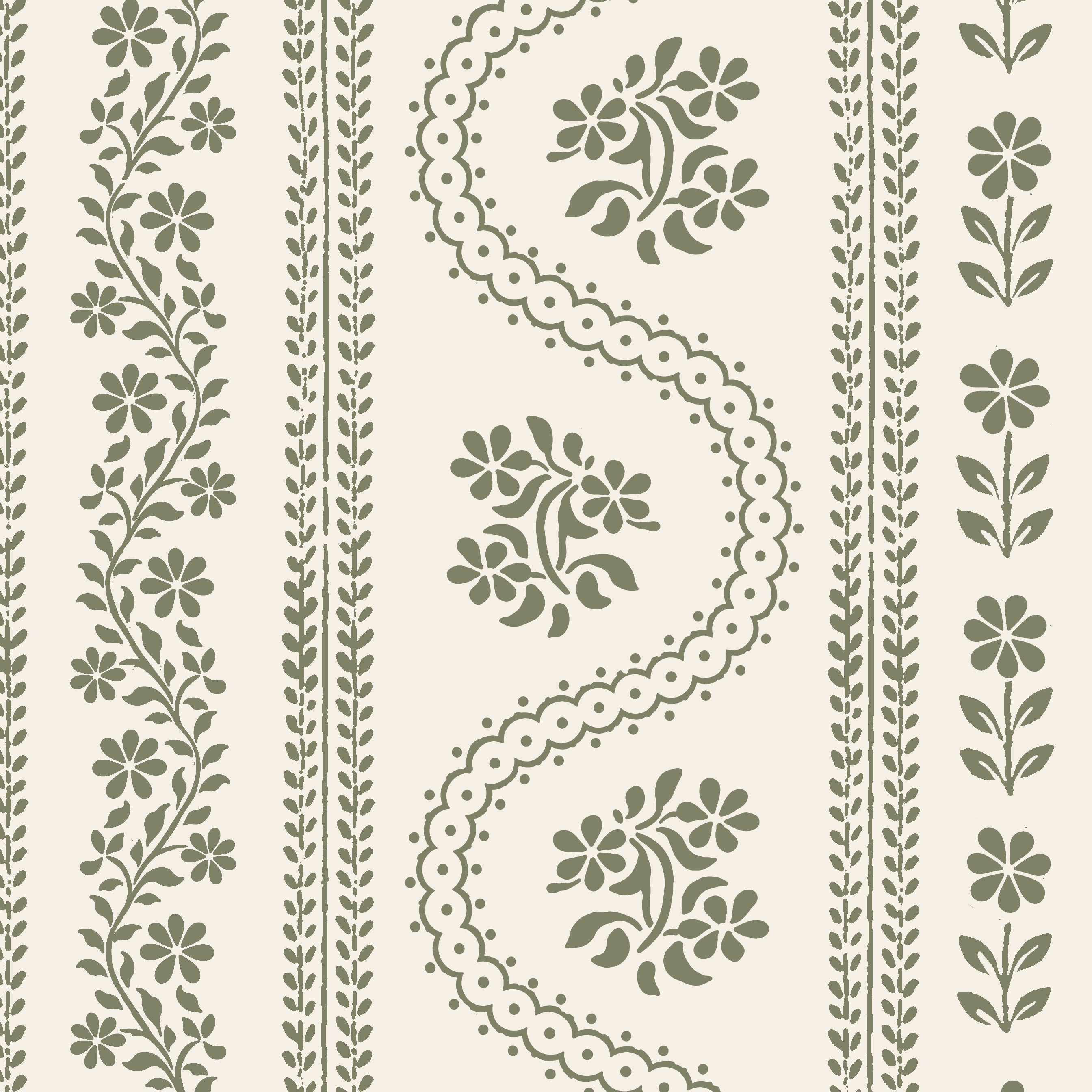 A repeating serpentine-style floral patterned leatherette mahjong mat in muted sage green on a warm off-white background, featuring vertical bands with leafy stems, scalloped oval outlines, and small floral motifs.