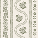 A repeating serpentine-style floral patterned leatherette mahjong mat in muted sage green on a warm off-white background, featuring vertical bands with leafy stems, scalloped oval outlines, and small floral motifs.