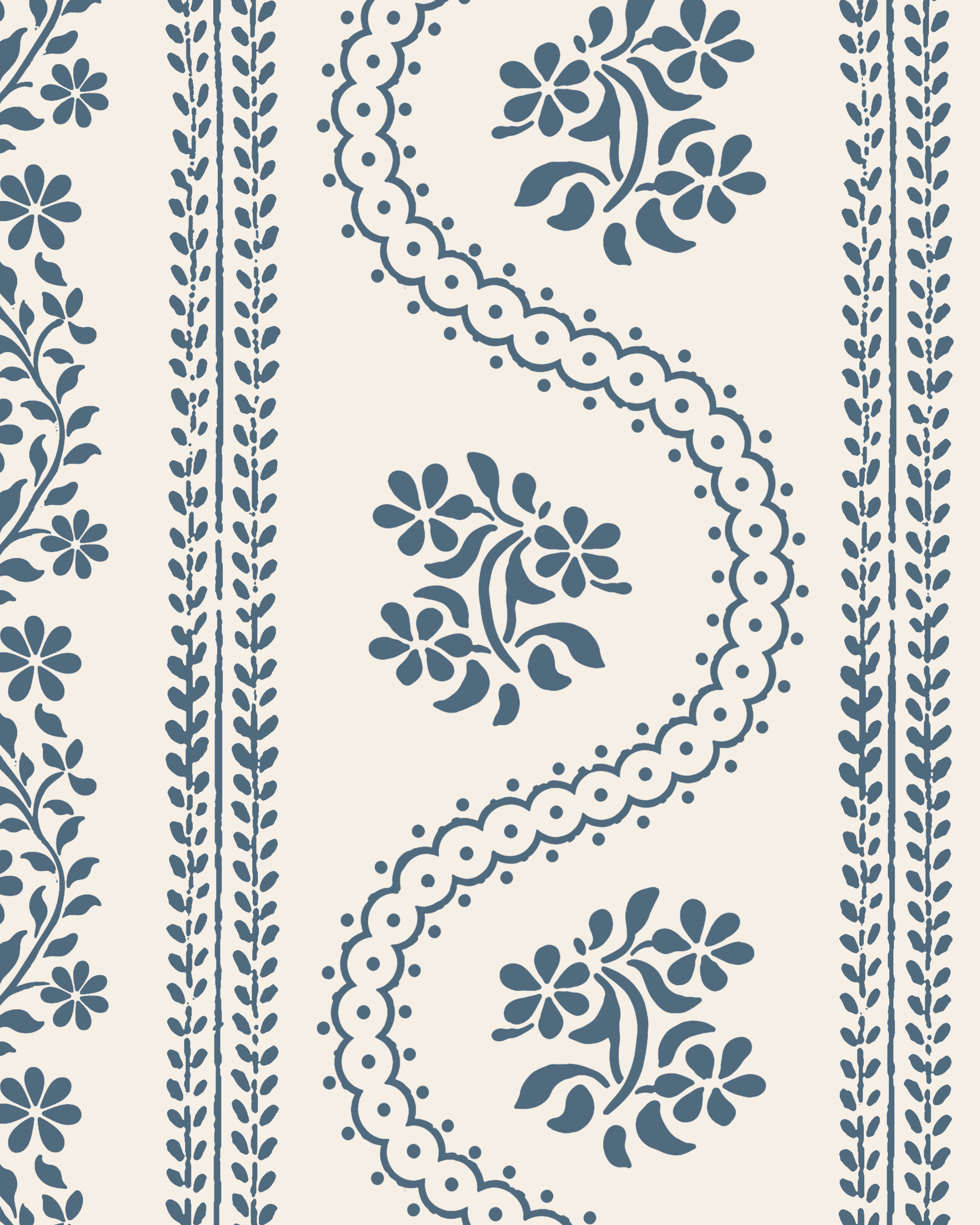 A repeating serpentine floral leatherette mahjong mat in muted blue-gray on a warm off-white background, featuring vertical bands with flowers, leaves, and decorative scalloped and wavy motifs.