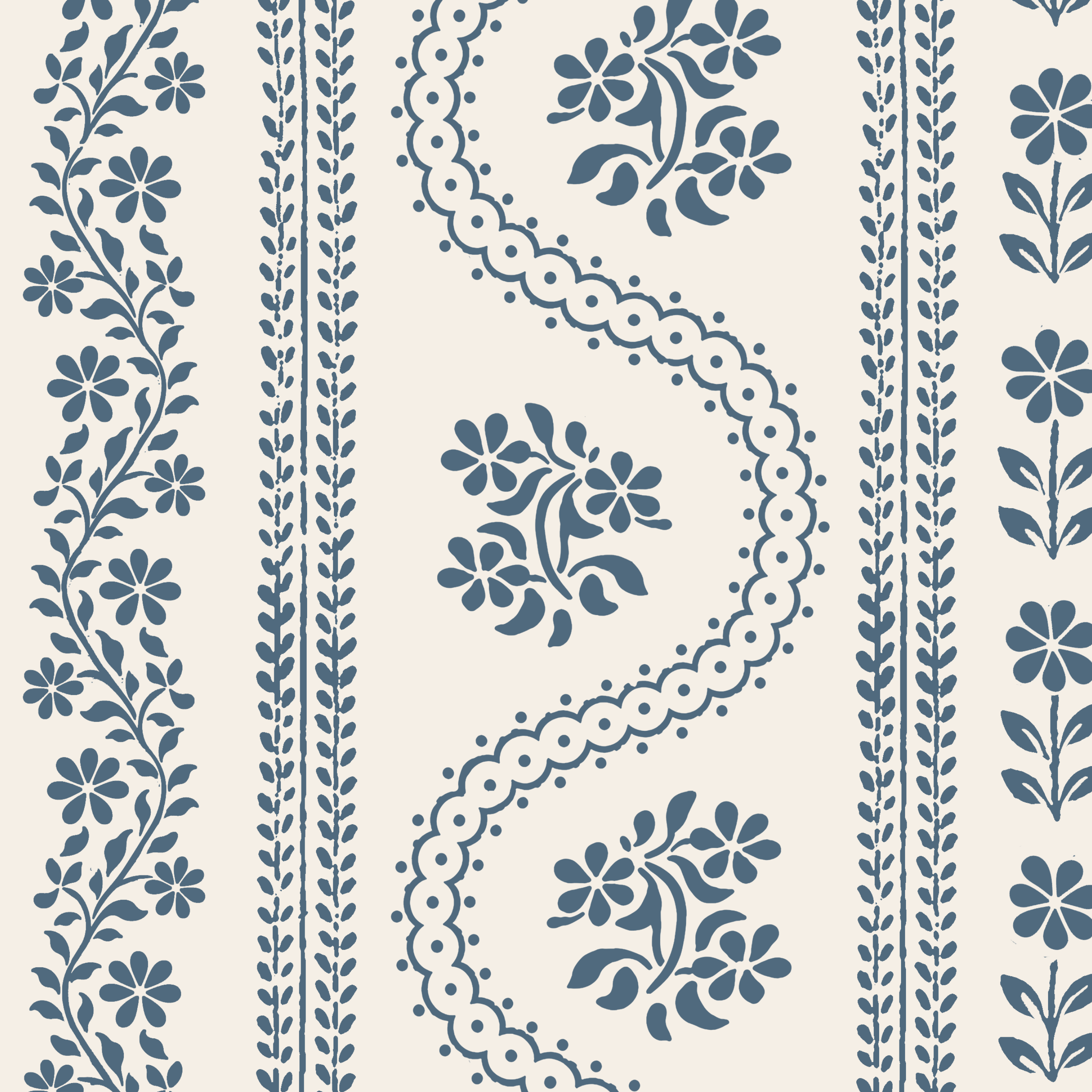 A repeating serpentine floral leatherette mahjong mat in muted blue-gray on a warm off-white background, featuring vertical bands with flowers, leaves, and decorative scalloped and wavy motifs.