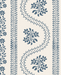 A repeating serpentine floral leatherette mahjong mat in muted blue-gray on a warm off-white background, featuring vertical bands with flowers, leaves, and decorative scalloped and wavy motifs.